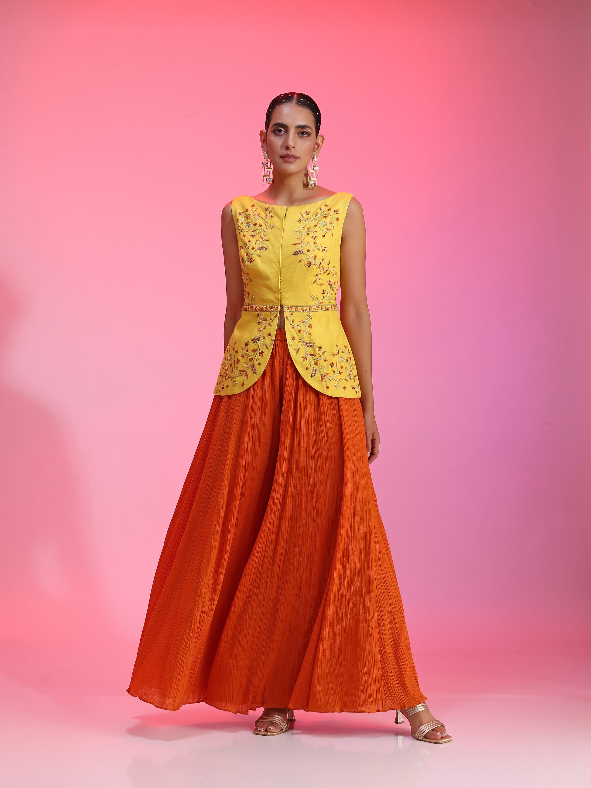 Ivory Yellow Orange Cotton Silk Sequin Gotta Kurta Petal Pants Set