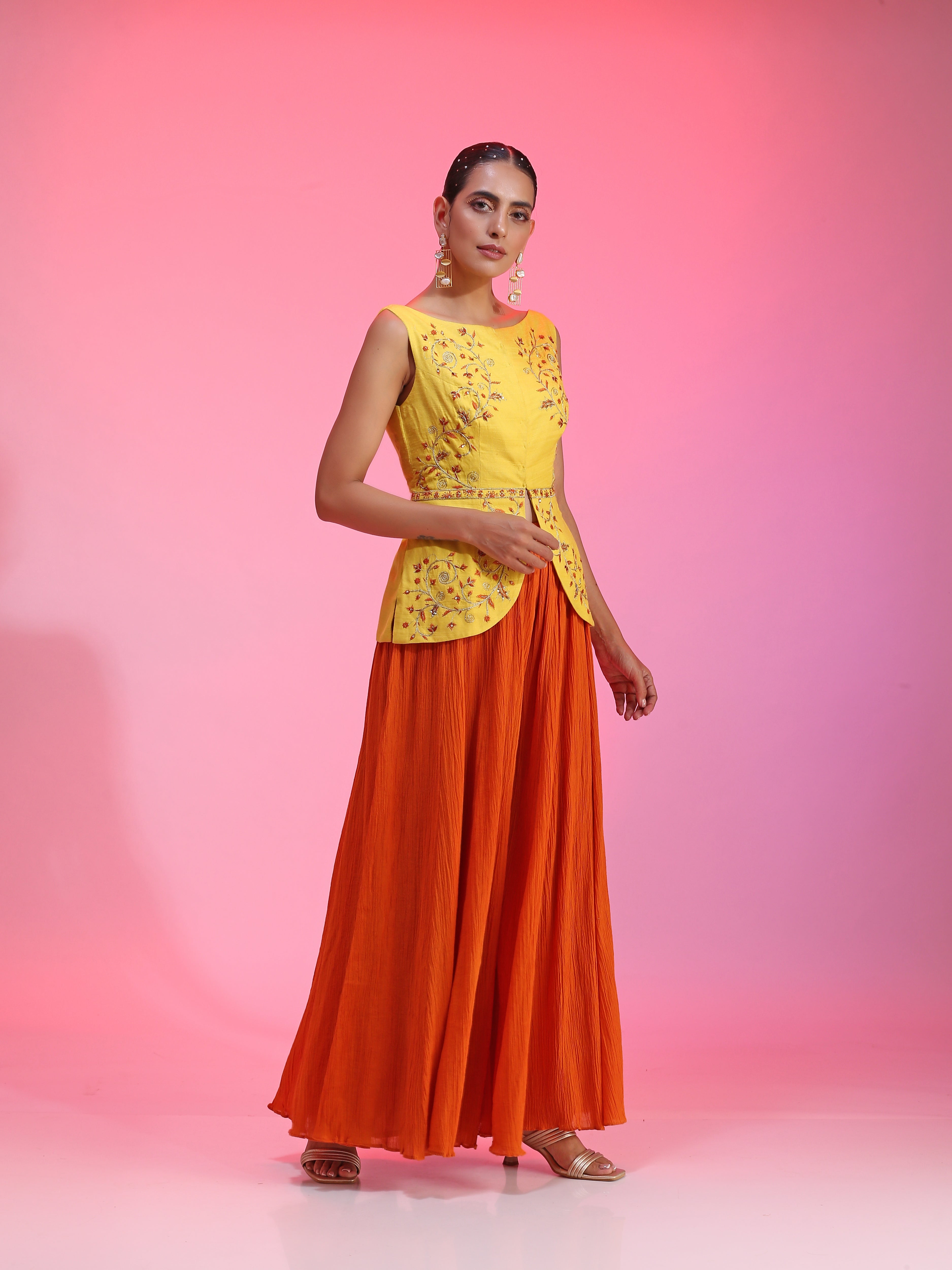 Ivory Yellow Orange Cotton Silk Sequin Gotta Kurta Petal Pants Set