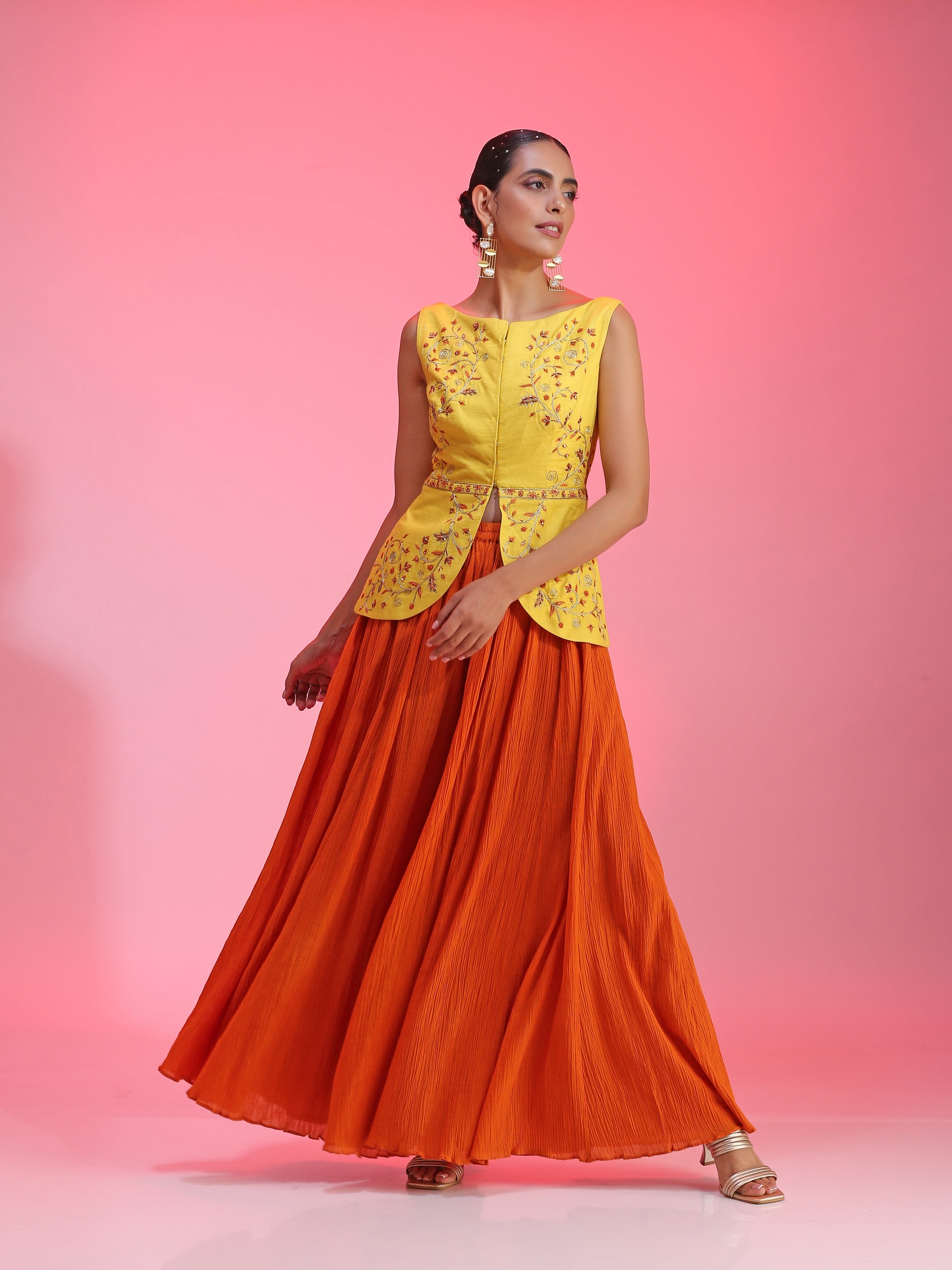 Ivory Yellow Orange Cotton Silk Sequin Gotta Kurta Petal Pants Set