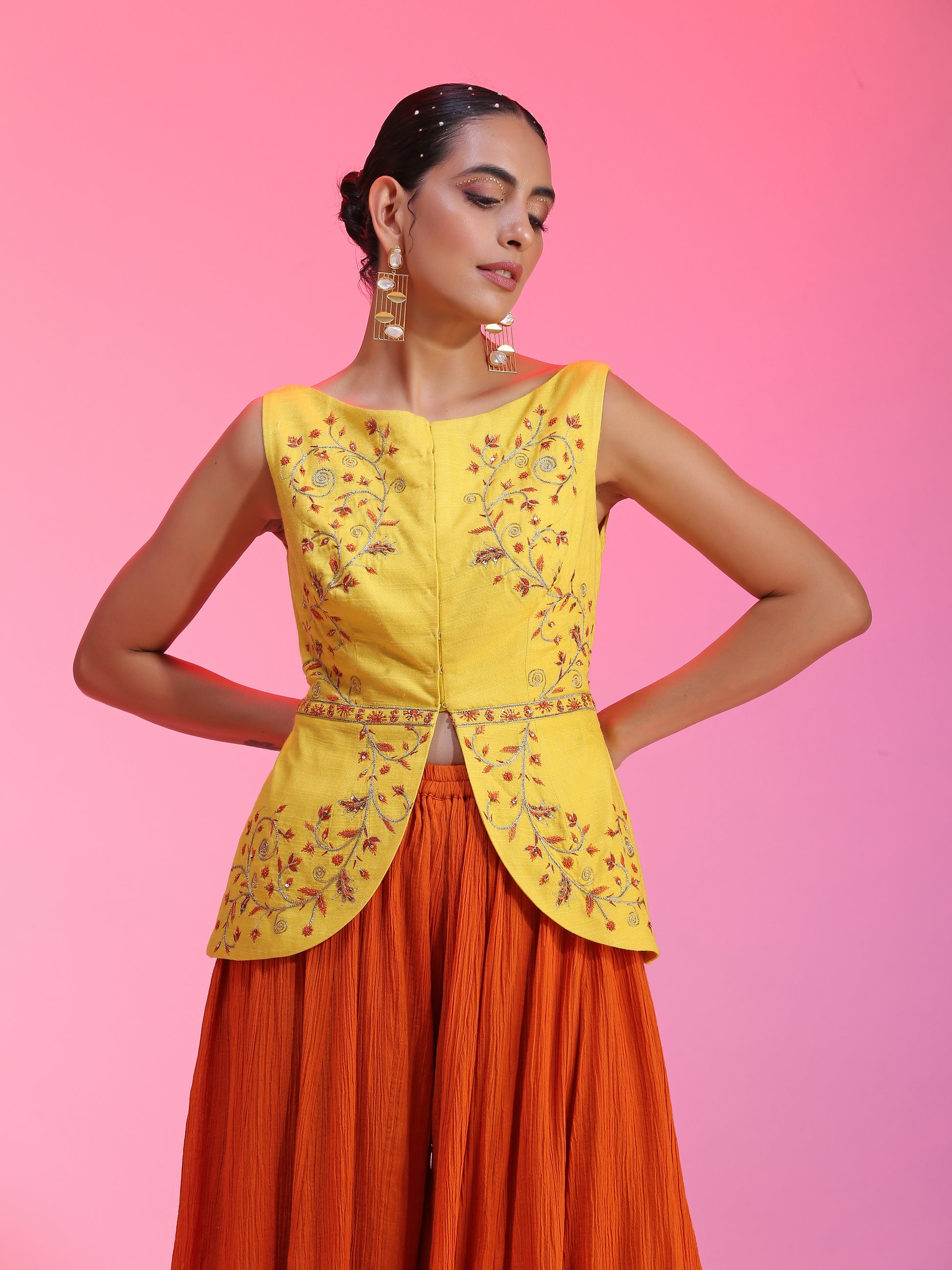 Ivory Yellow Orange Cotton Silk Sequin Gotta Kurta Petal Pants Set