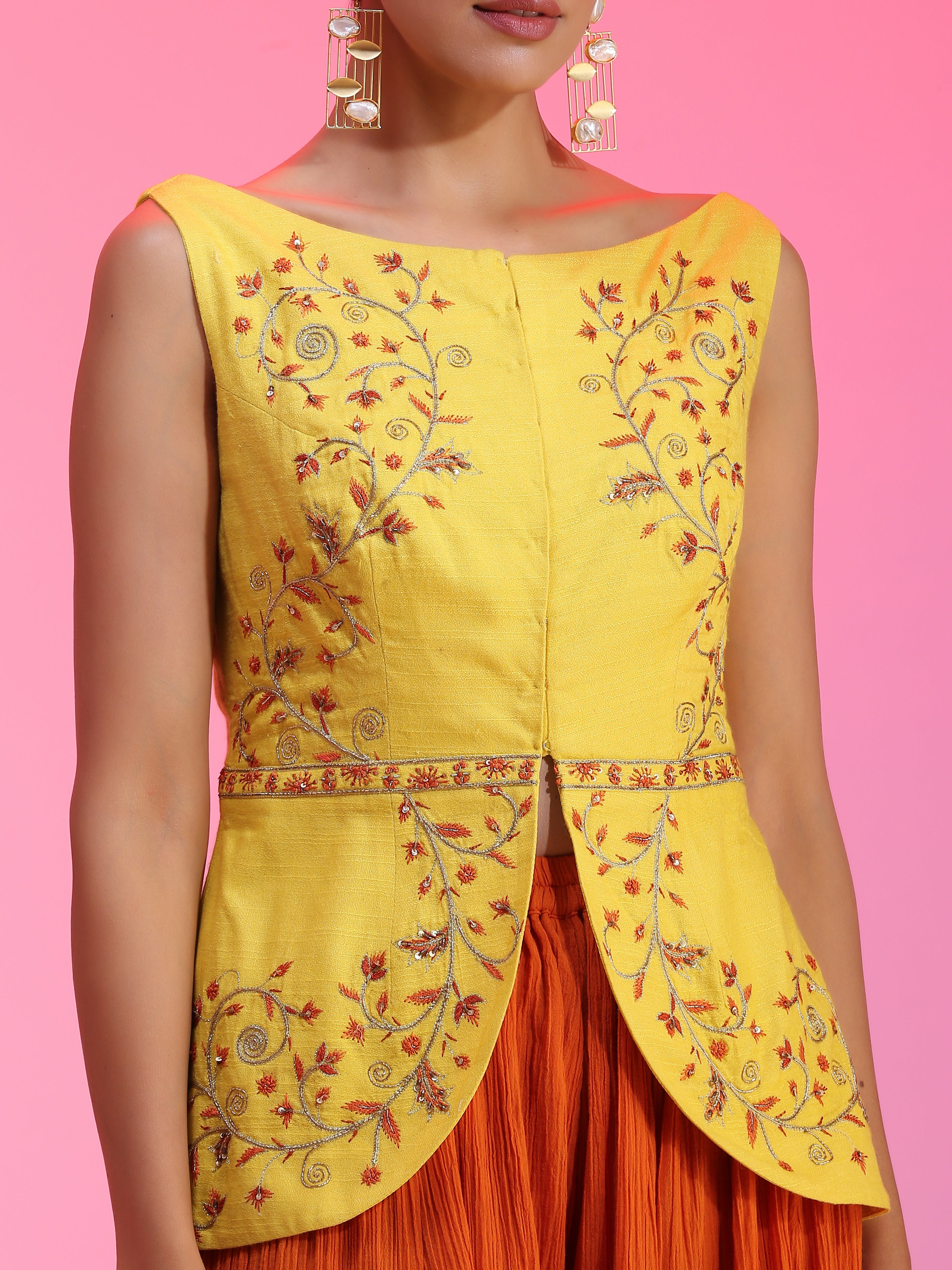 Ivory Yellow Orange Cotton Silk Sequin Gotta Kurta Petal Pants Set