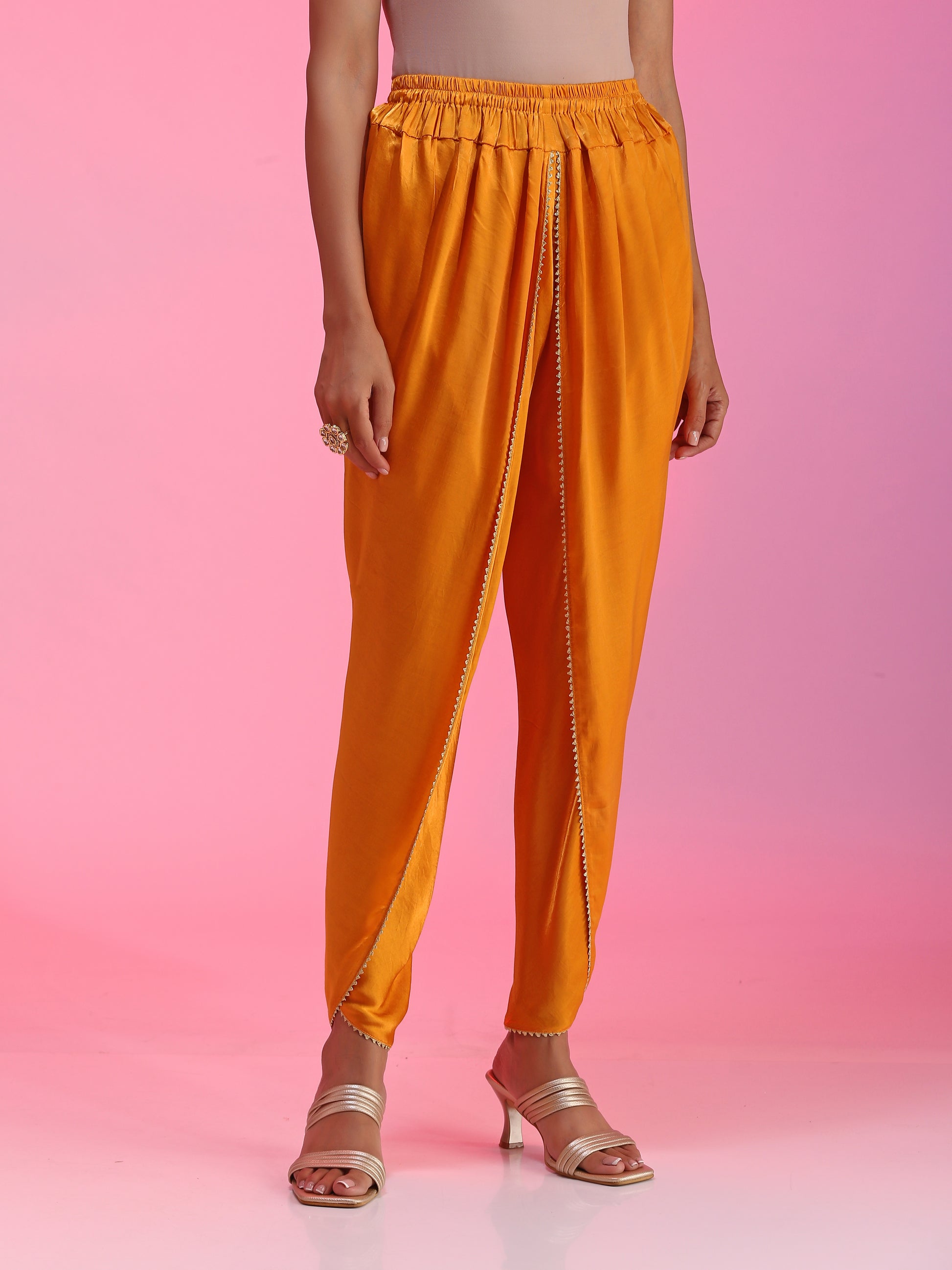 Yellow Orange Resham Dabka Peplum Blouse Flared Pants Set