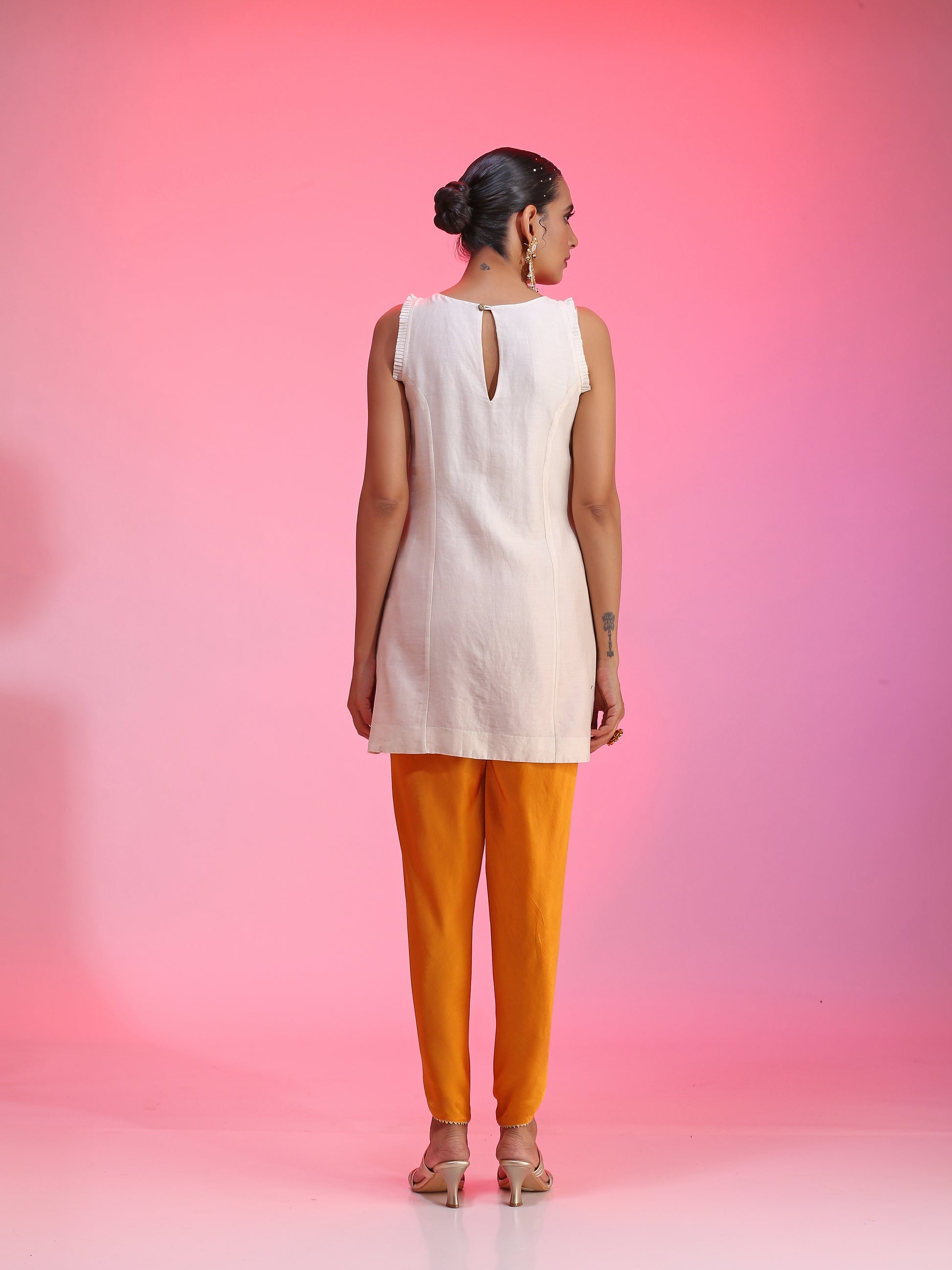 Yellow Orange Resham Dabka Peplum Blouse Flared Pants Set