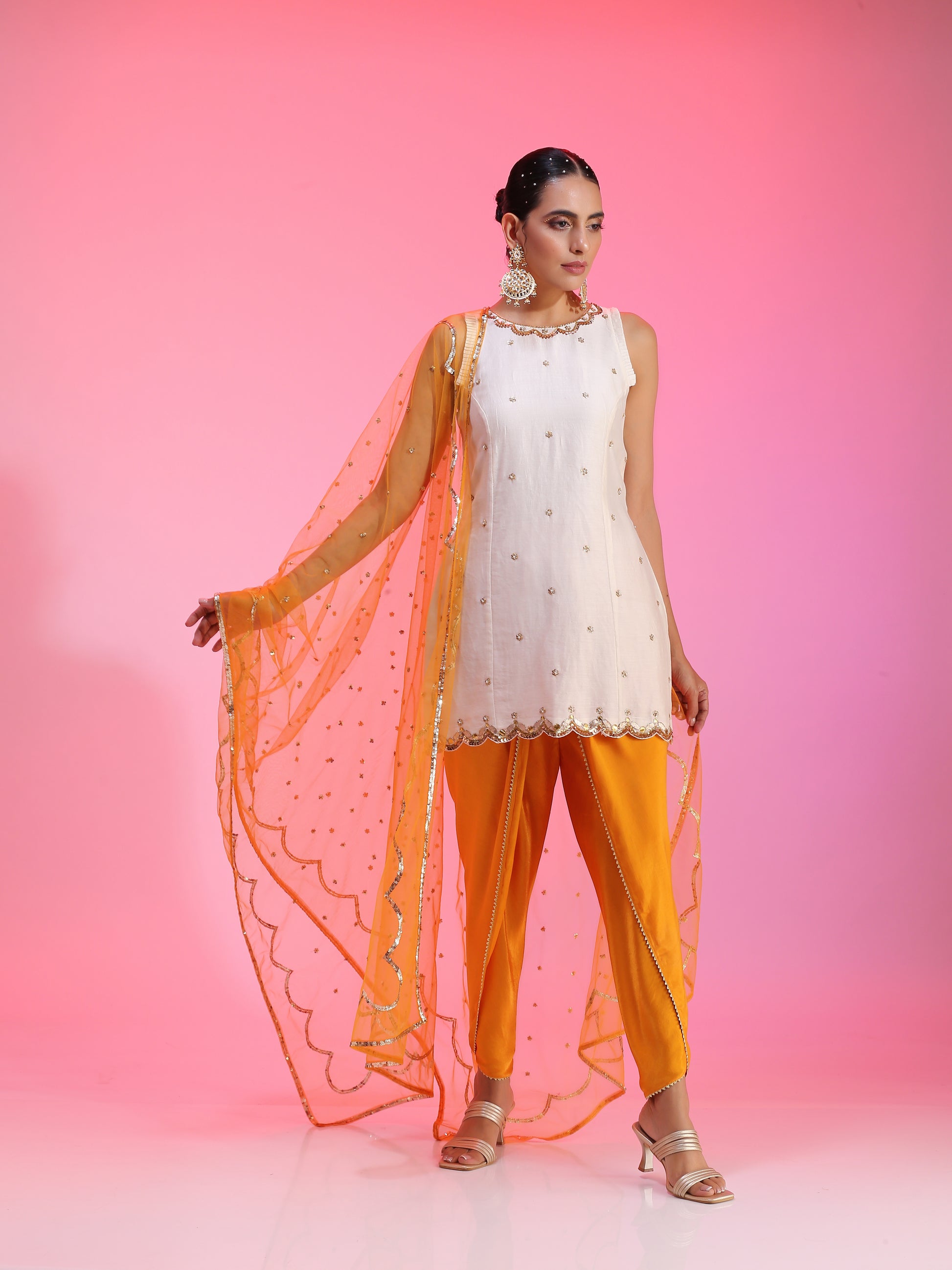 Yellow Orange Resham Dabka Peplum Blouse Flared Pants Set