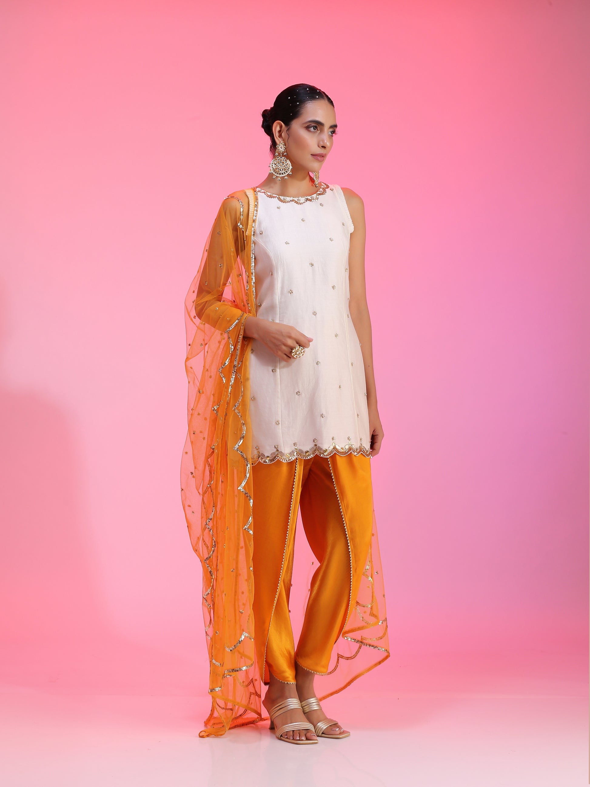 Yellow Orange Resham Dabka Peplum Blouse Flared Pants Set