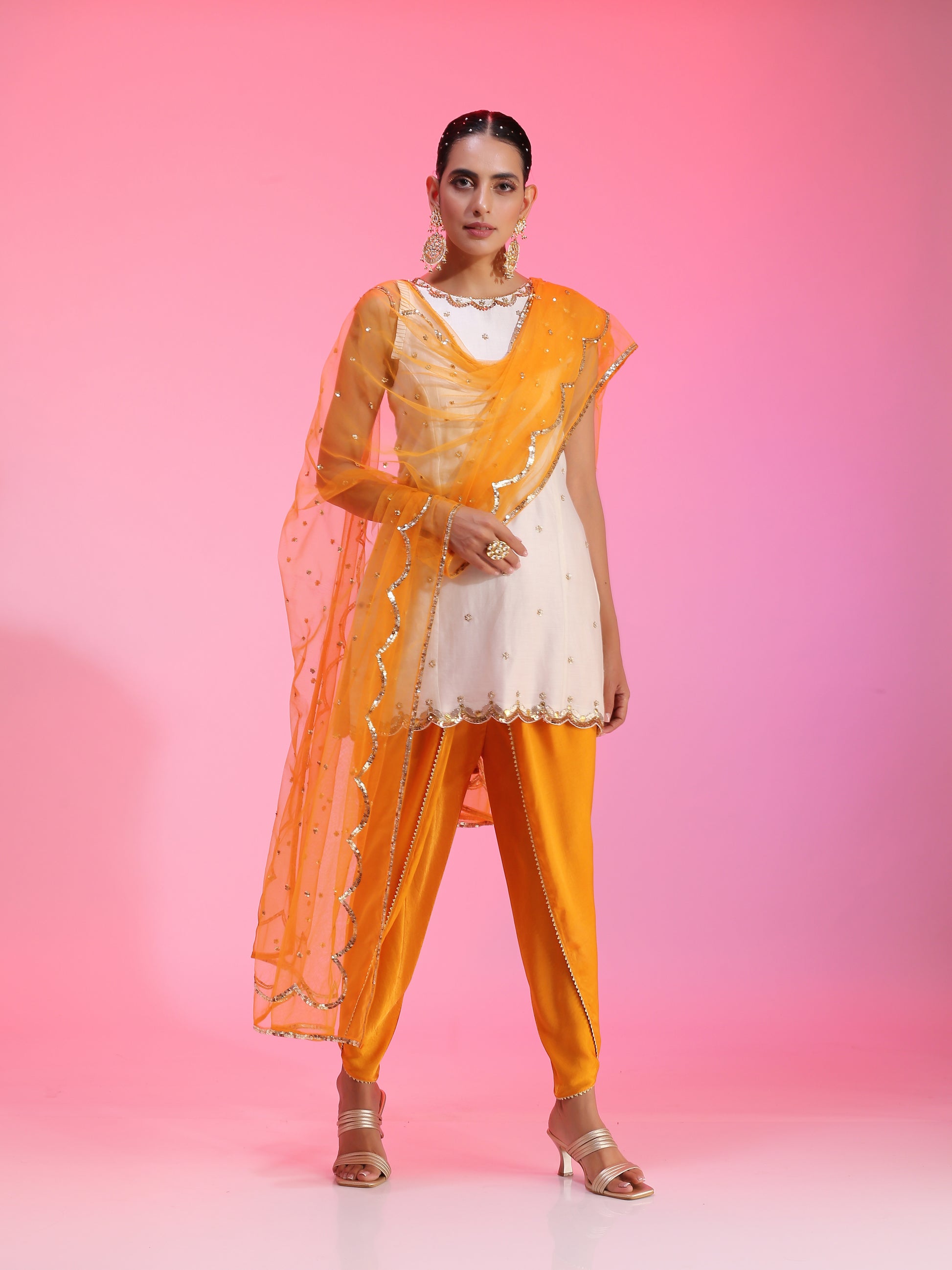 Yellow Orange Resham Dabka Peplum Blouse Flared Pants Set