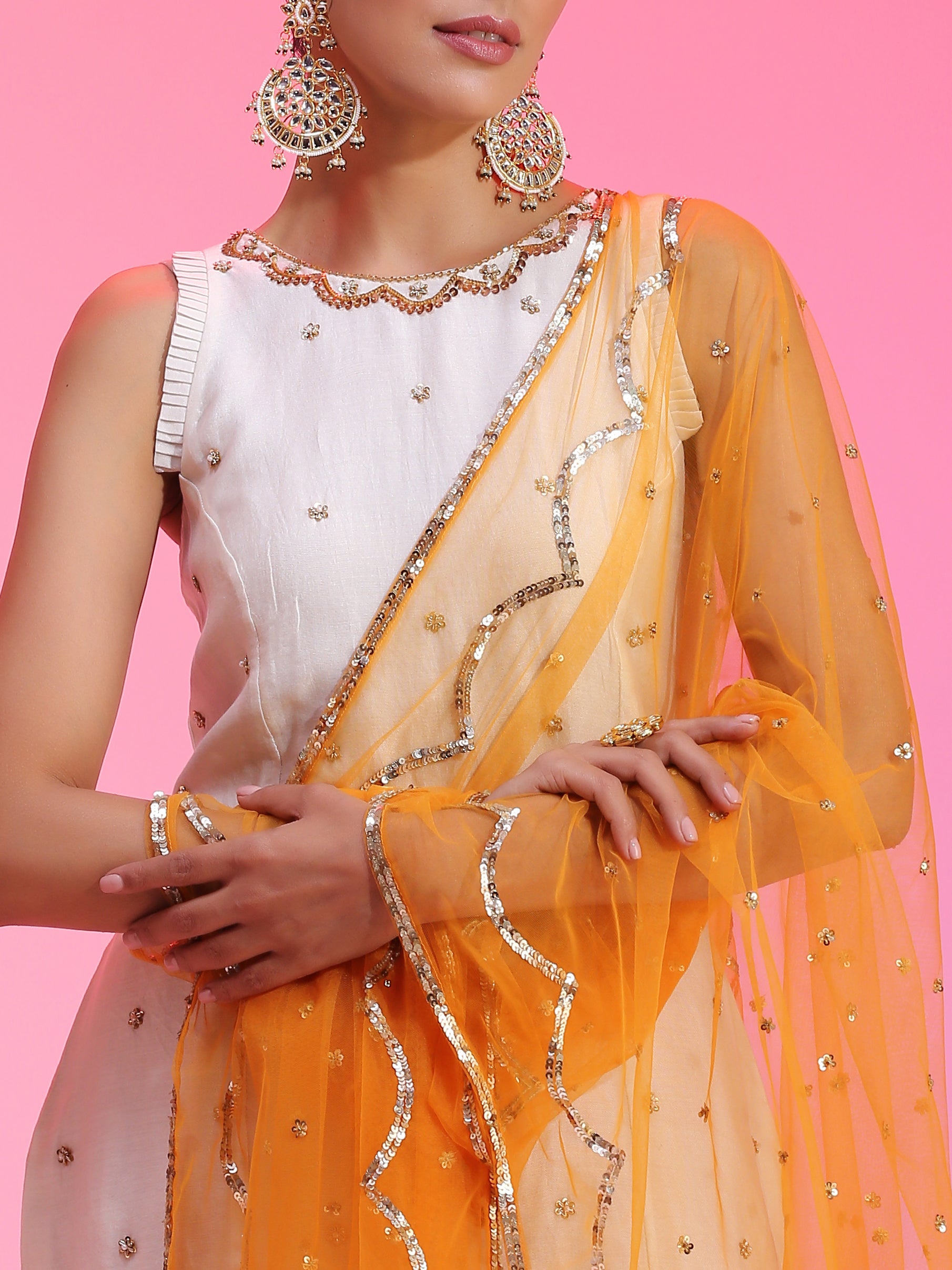 Yellow Orange Resham Dabka Peplum Blouse Flared Pants Set