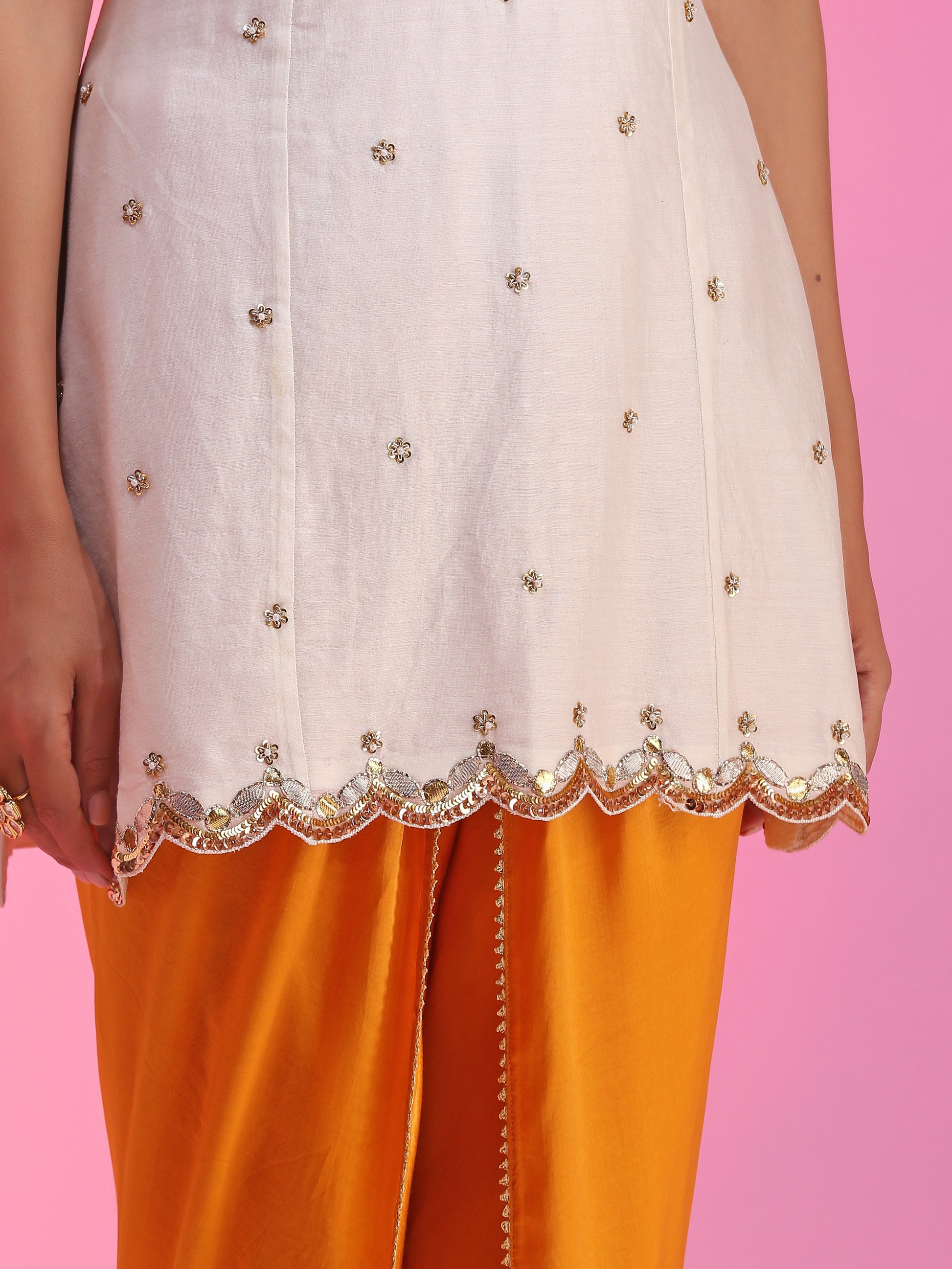 Yellow Orange Resham Dabka Peplum Blouse Flared Pants Set