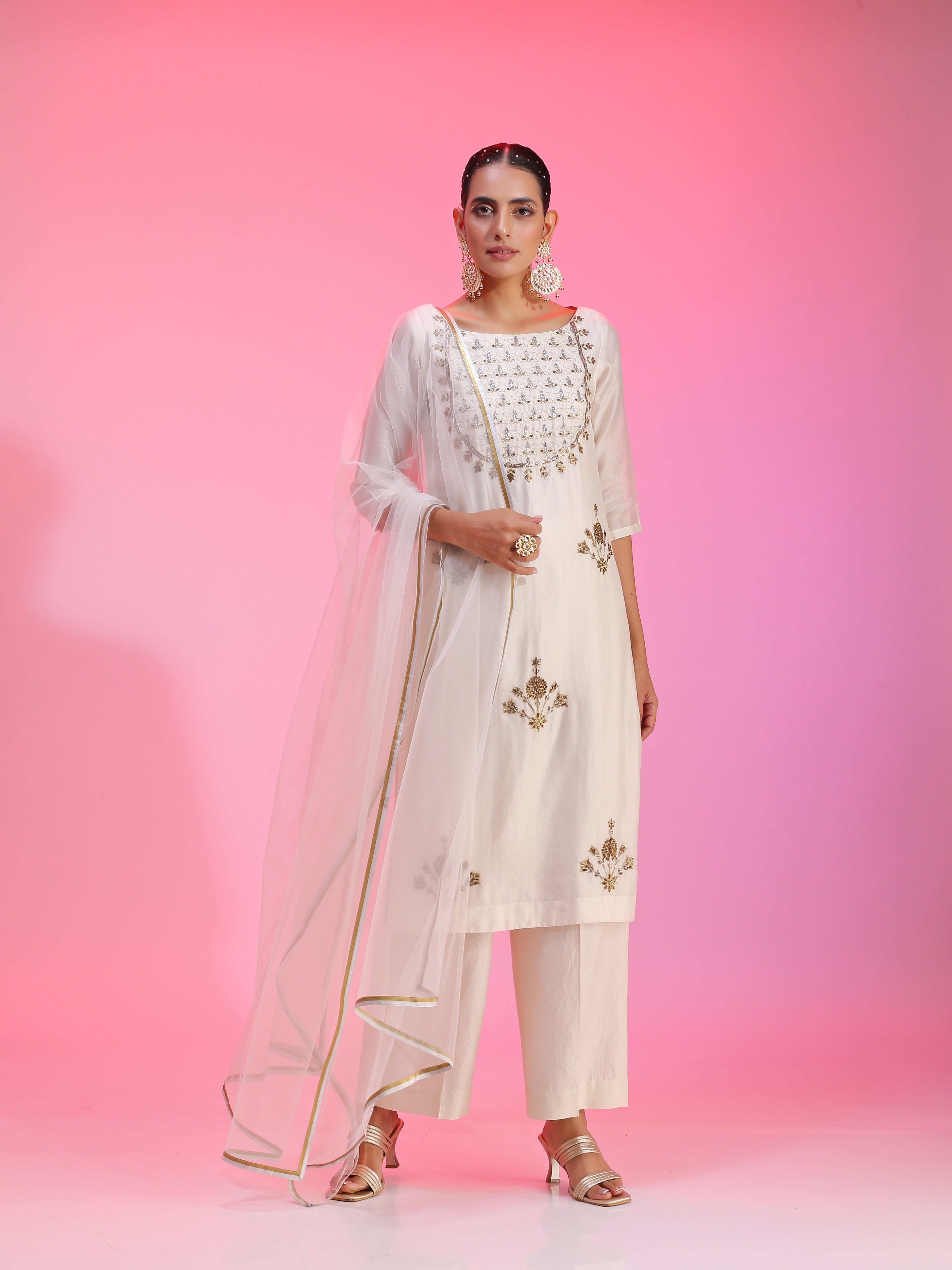Ivory Chanderi Dabka Zari Pitta Kurta Pajama Net Dupatta Set