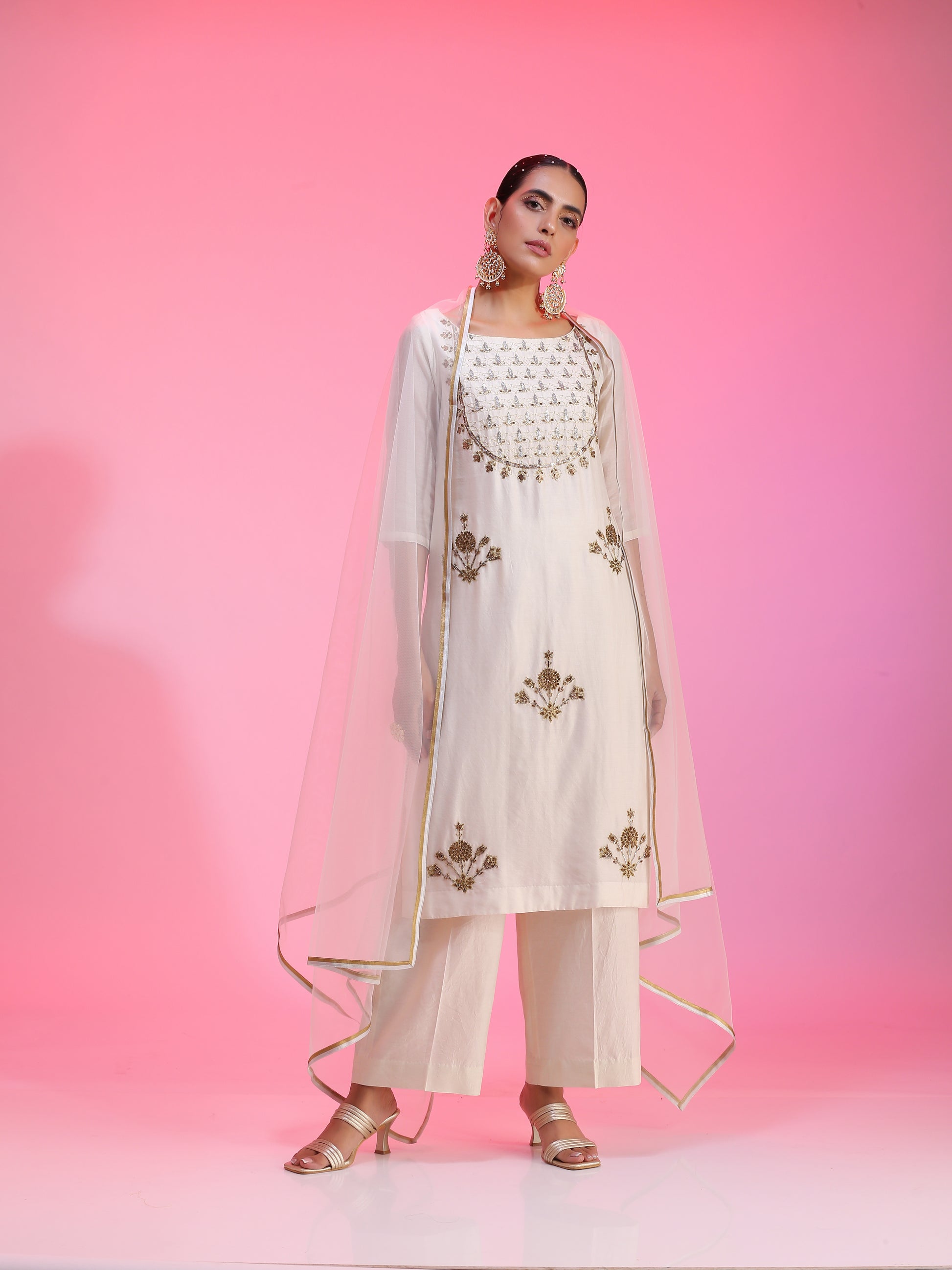 Ivory Chanderi Dabka Zari Pitta Kurta Pajama Net Dupatta Set