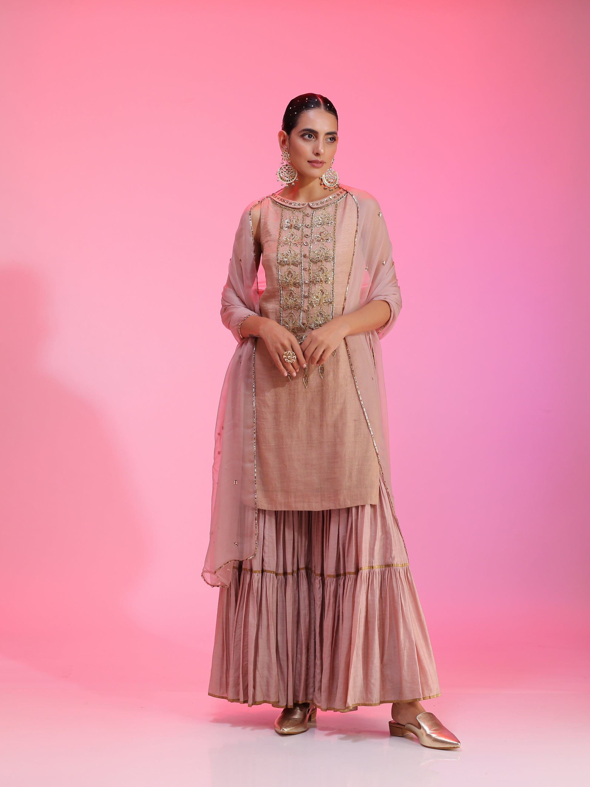 Dusty Pink Zaridar Chanderi Zardozi Sequin Sharara Silk Dupatta Set