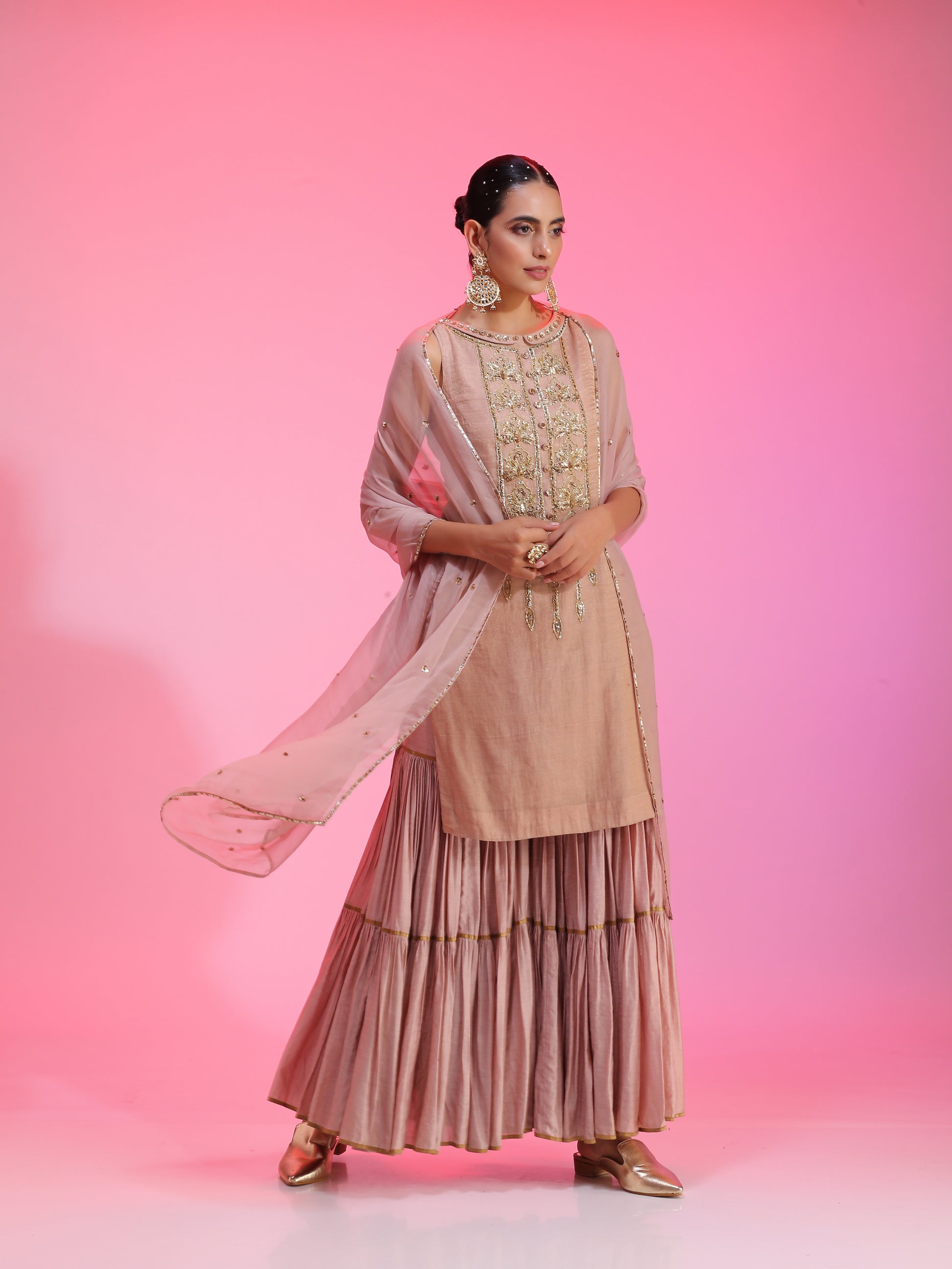 Dusty Pink Zaridar Chanderi Zardozi Sequin Sharara Silk Dupatta Set