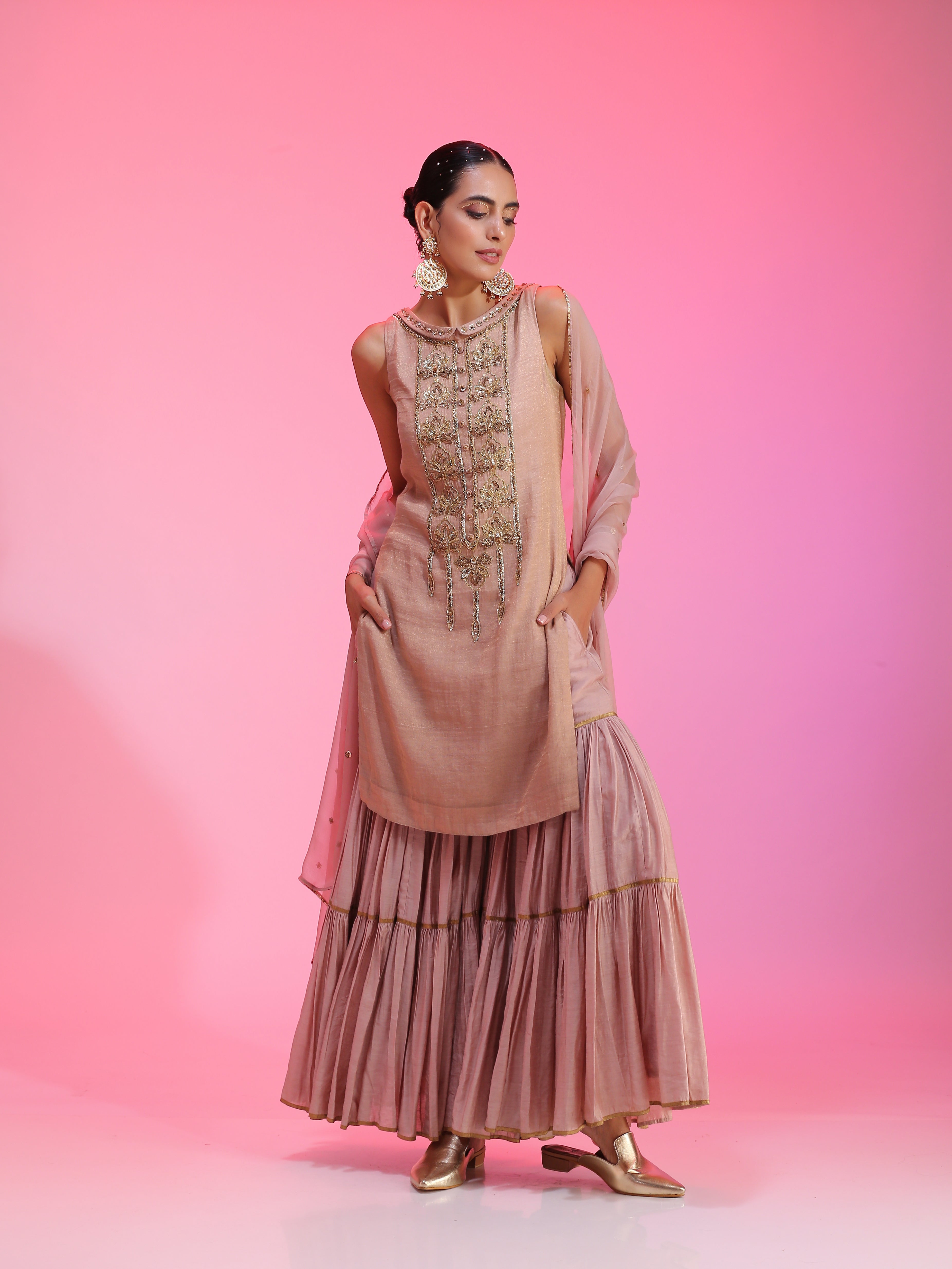 Dusty Pink Zaridar Chanderi Zardozi Sequin Sharara Silk Dupatta Set