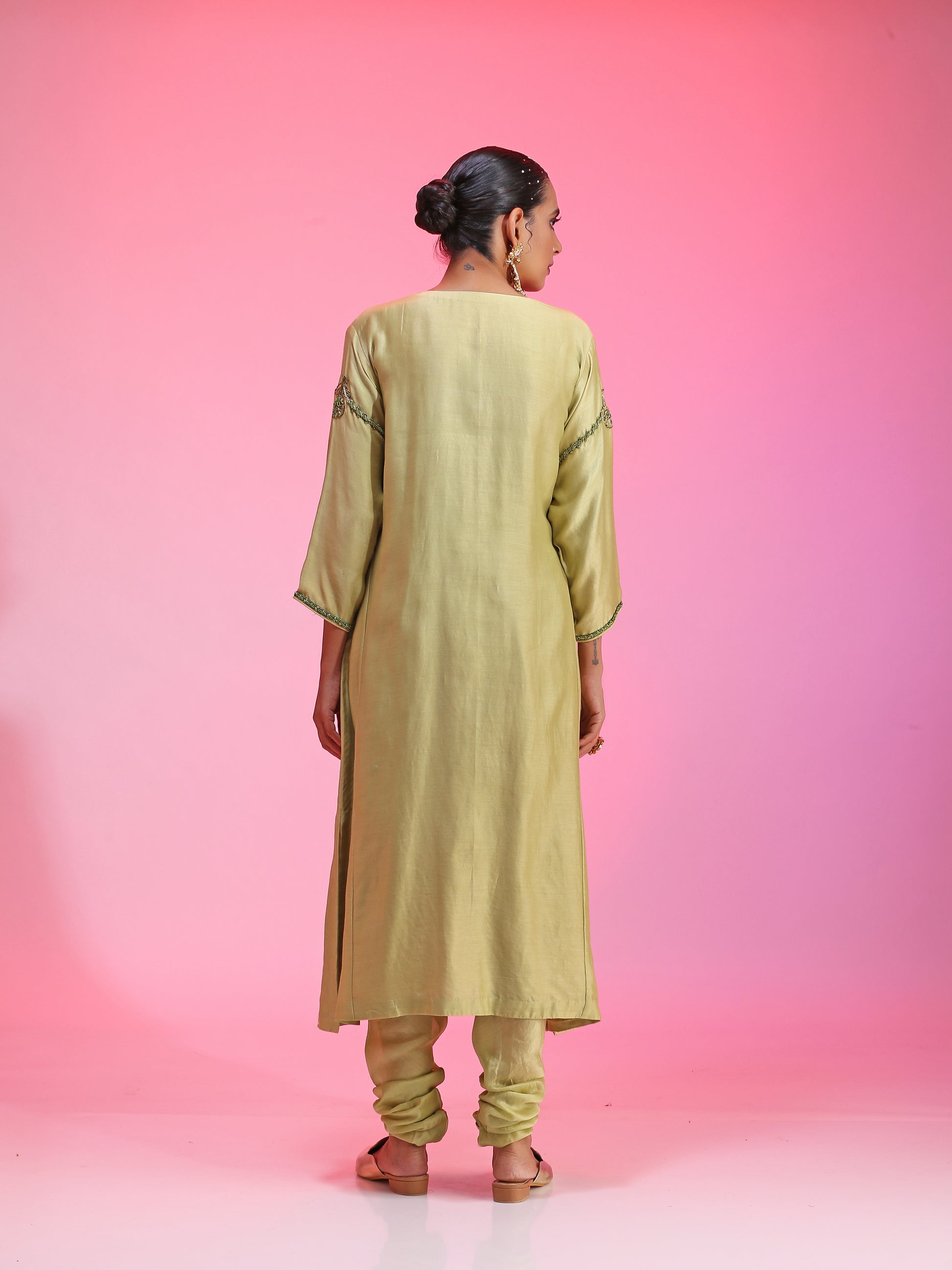 Green Chanderi Zardozi Neck Kalidar Kurta Set Armlet Sleeve