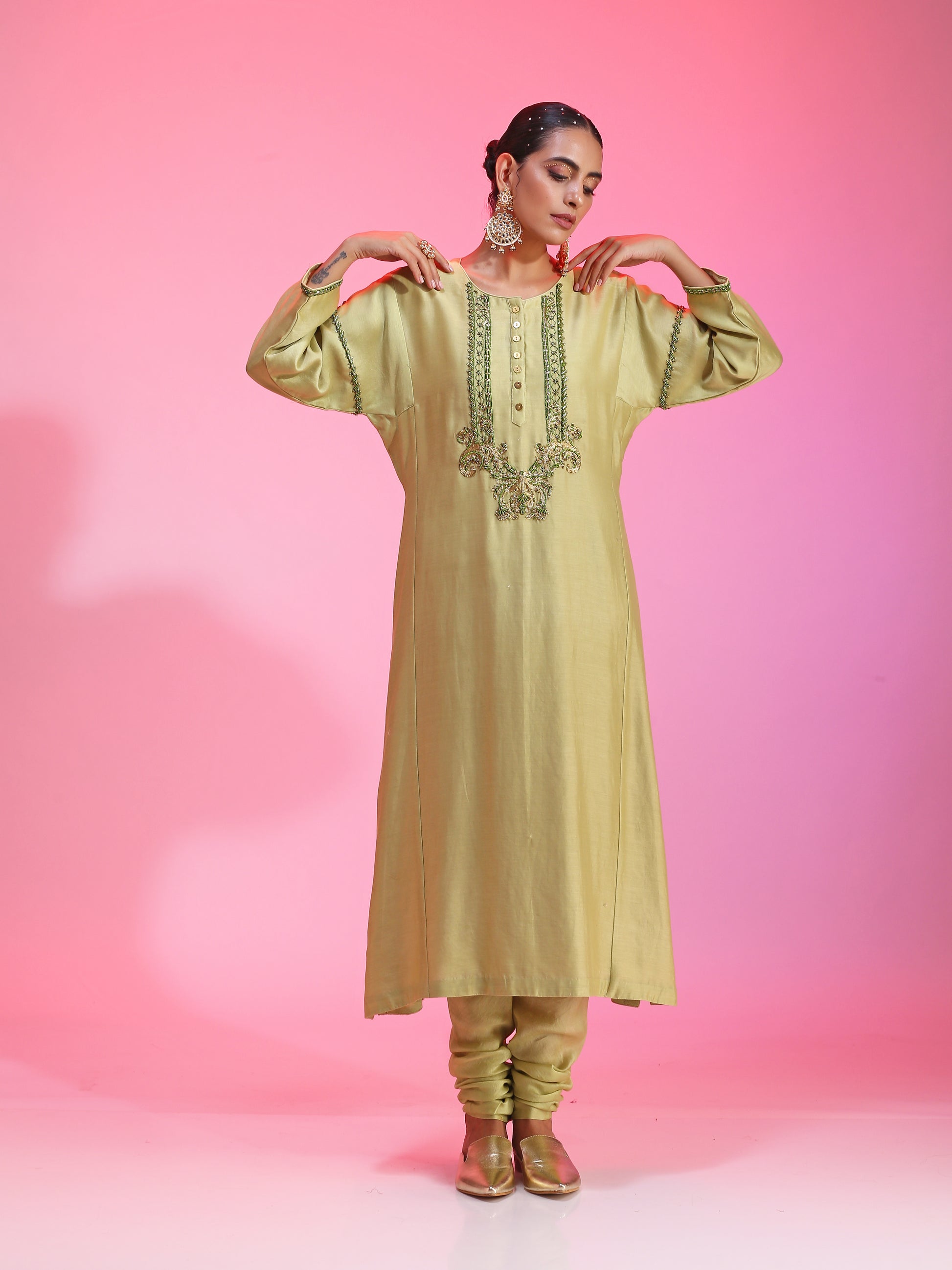Green Chanderi Zardozi Neck Kalidar Kurta Set Armlet Sleeve