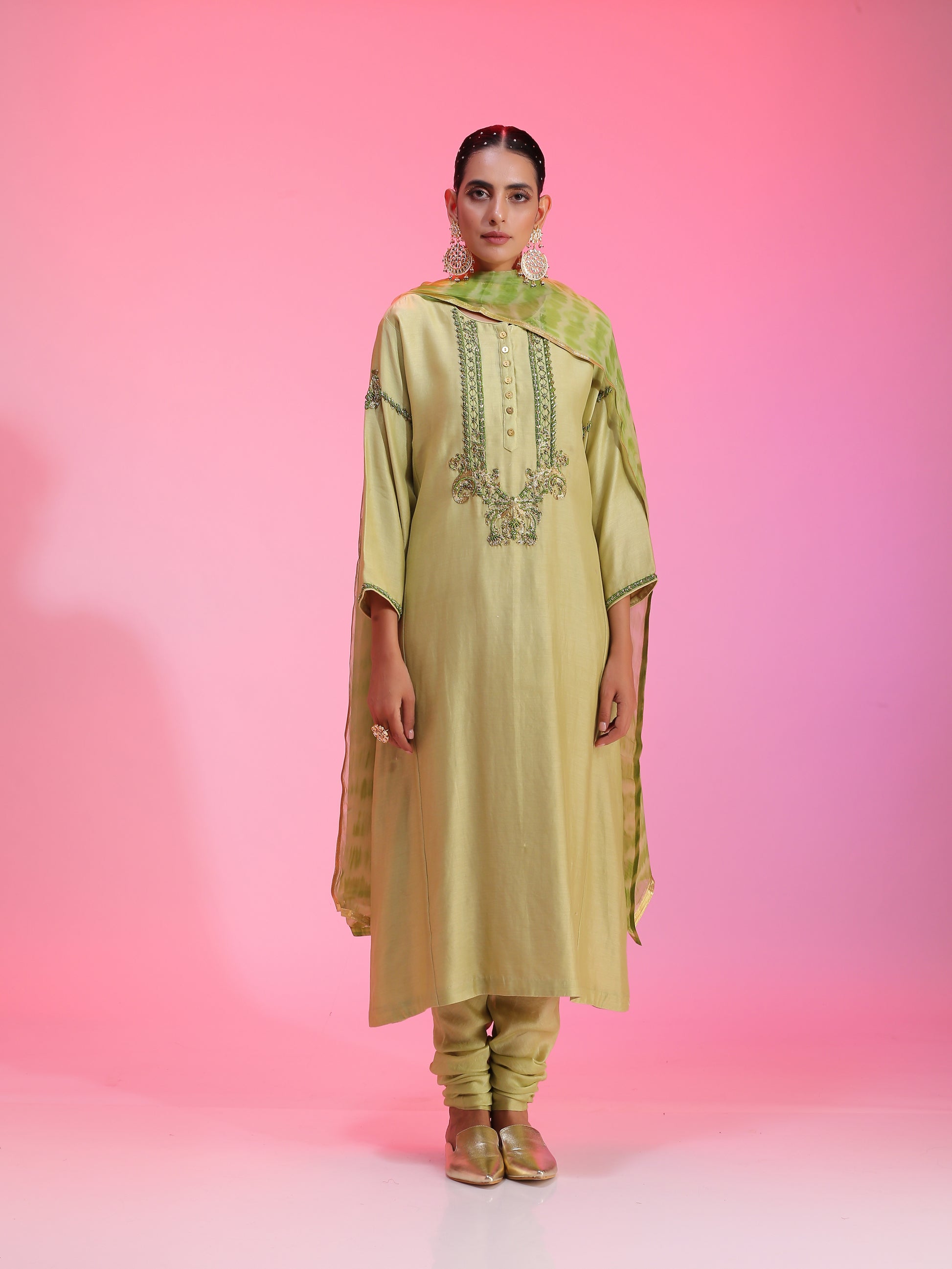 Green Chanderi Zardozi Neck Kalidar Kurta Set Armlet Sleeve
