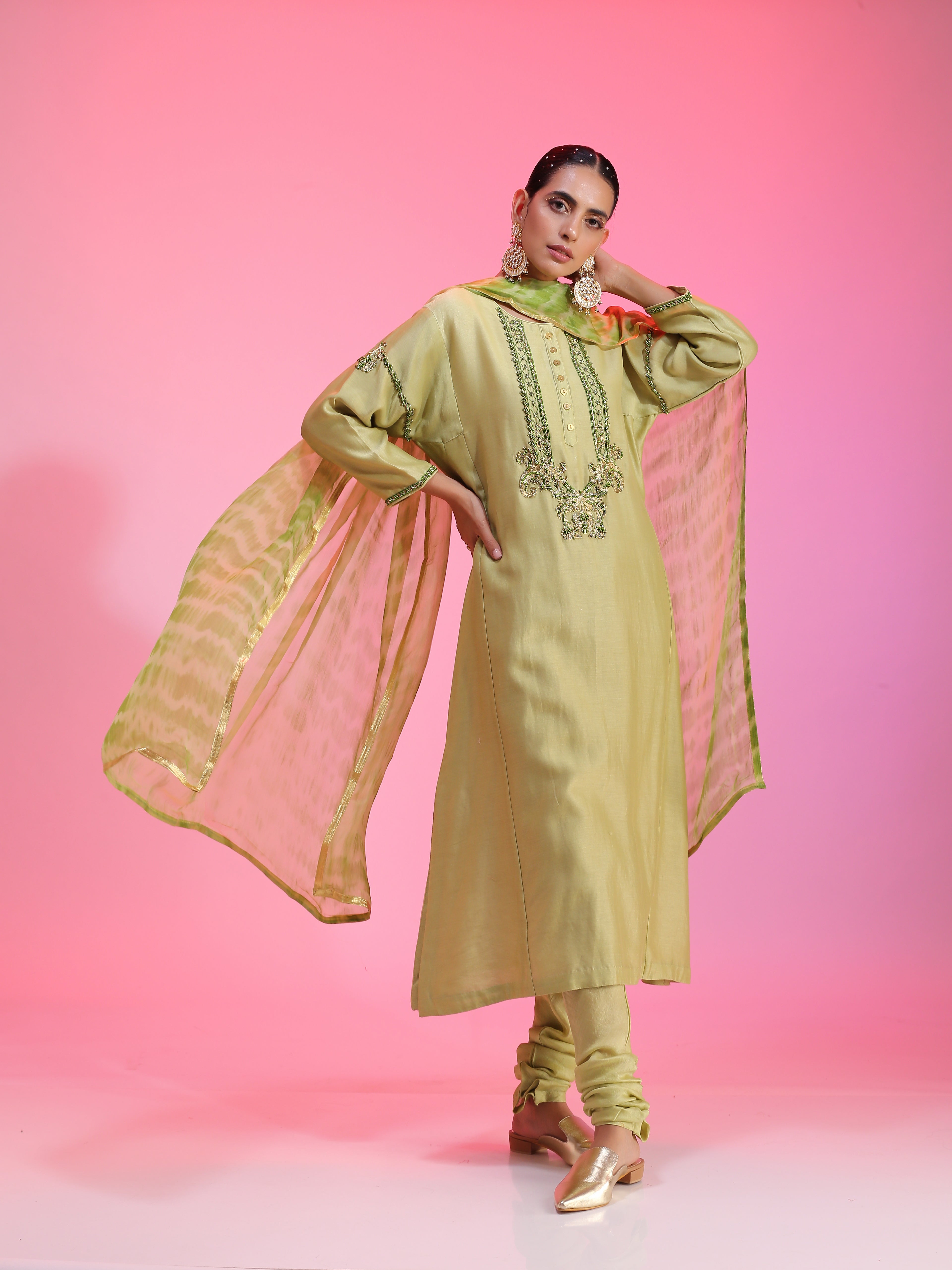 Green Chanderi Zardozi Neck Kalidar Kurta Set Armlet Sleeve