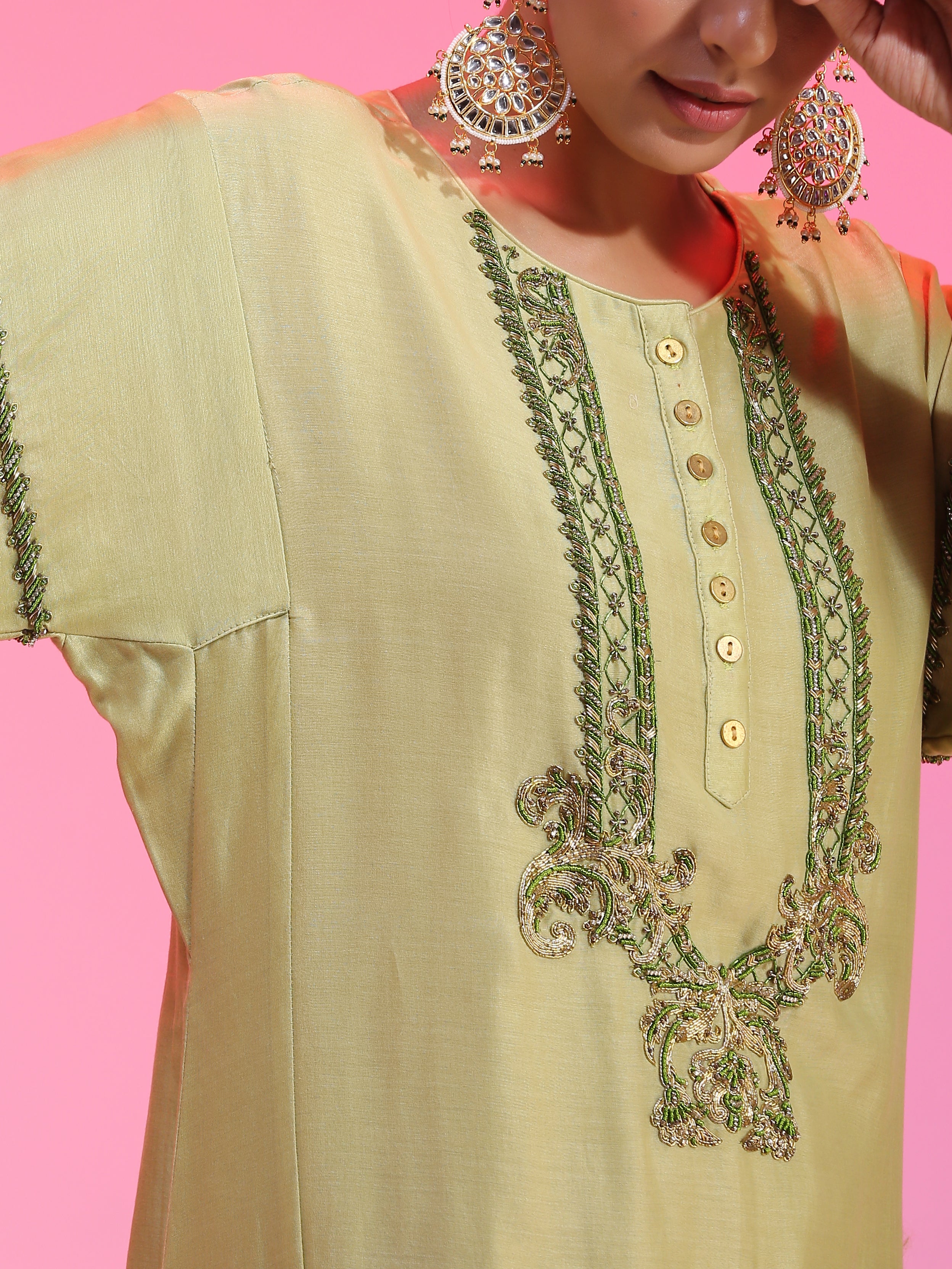 Green Chanderi Zardozi Neck Kalidar Kurta Set Armlet Sleeve