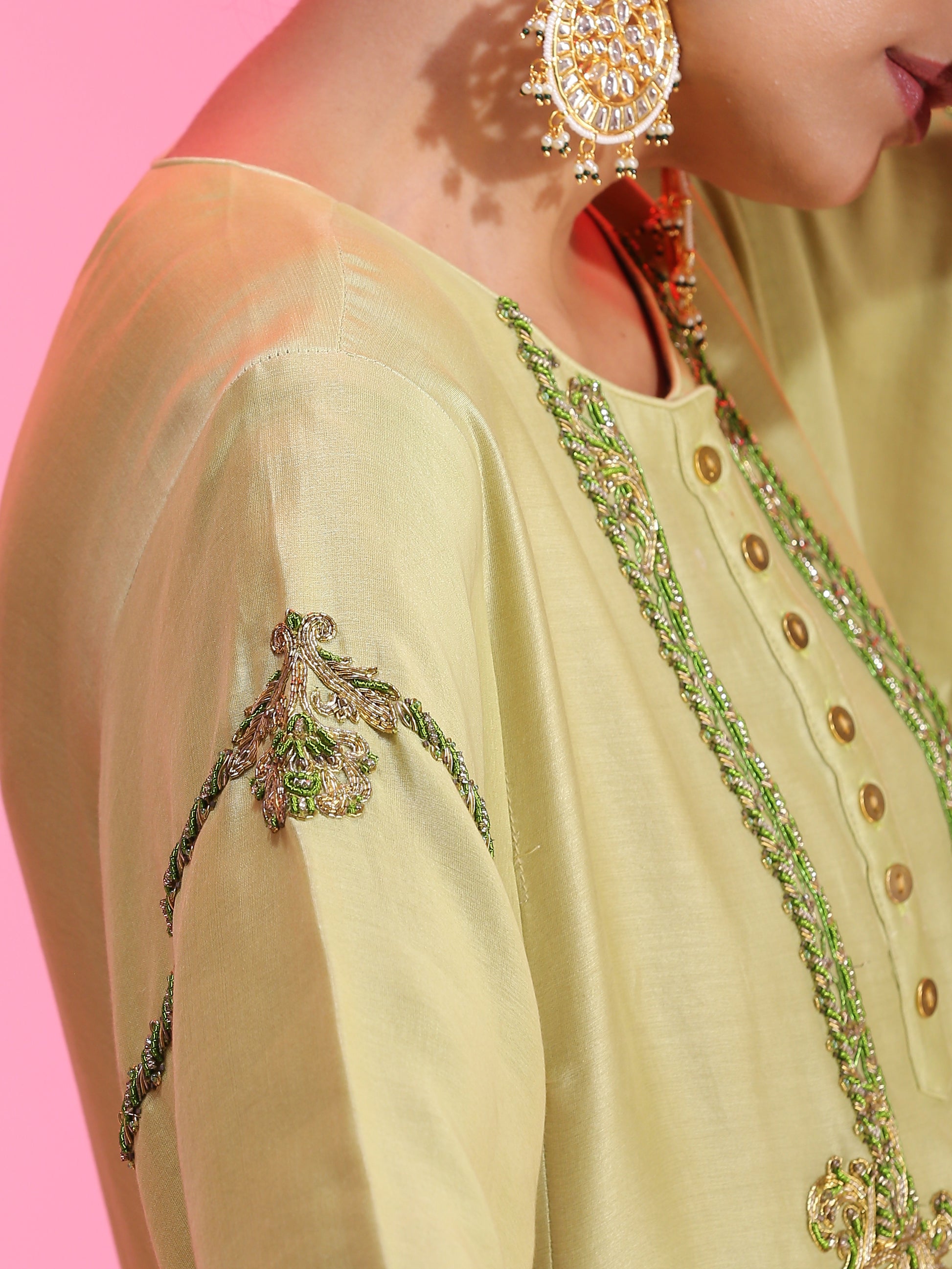 Green Chanderi Zardozi Neck Kalidar Kurta Set Armlet Sleeve