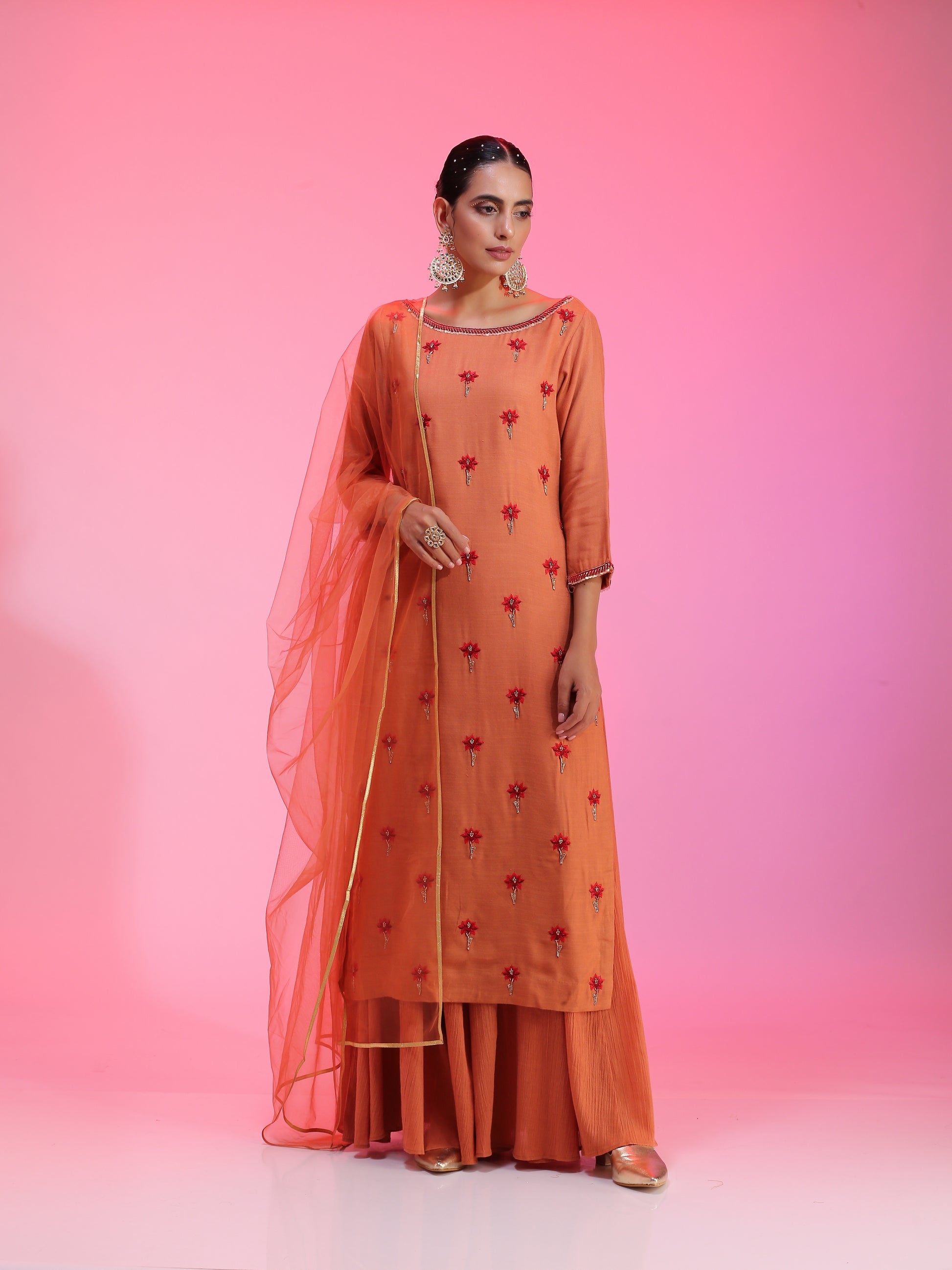 Rust Orange Modal Resham Dabka Beaded Kurta Palazzo Net Dupatta Set