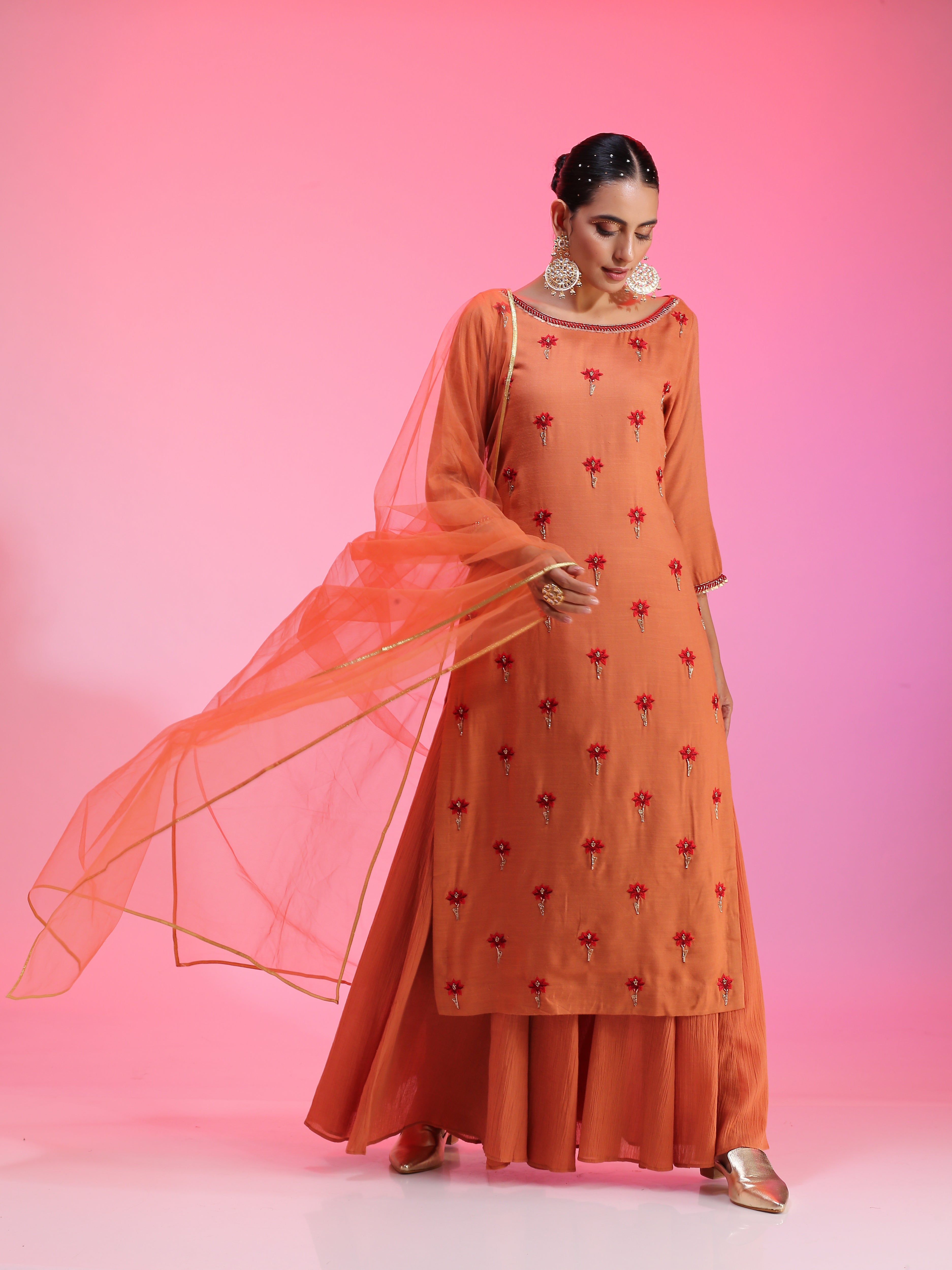 Rust Orange Modal Resham Dabka Beaded Kurta Palazzo Net Dupatta Set