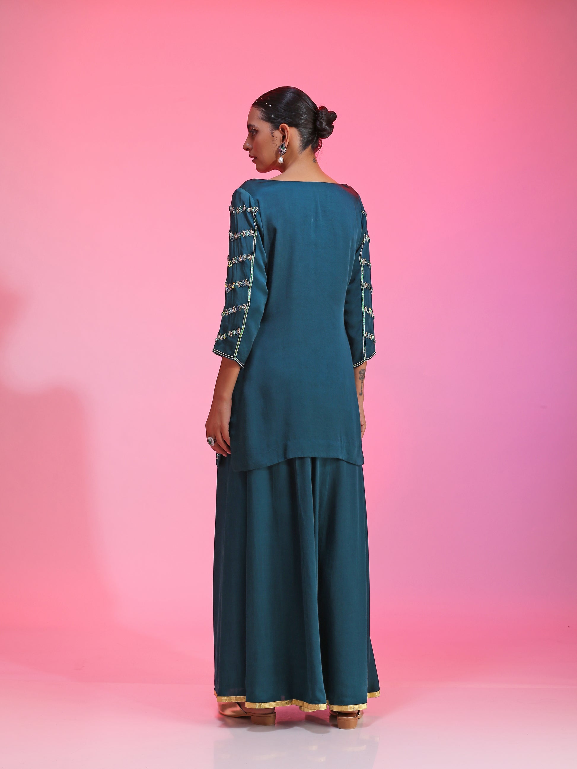 Navy Blue Chanderi Dabka Zari Pitta Kurta Pajama Net Dupatta Set