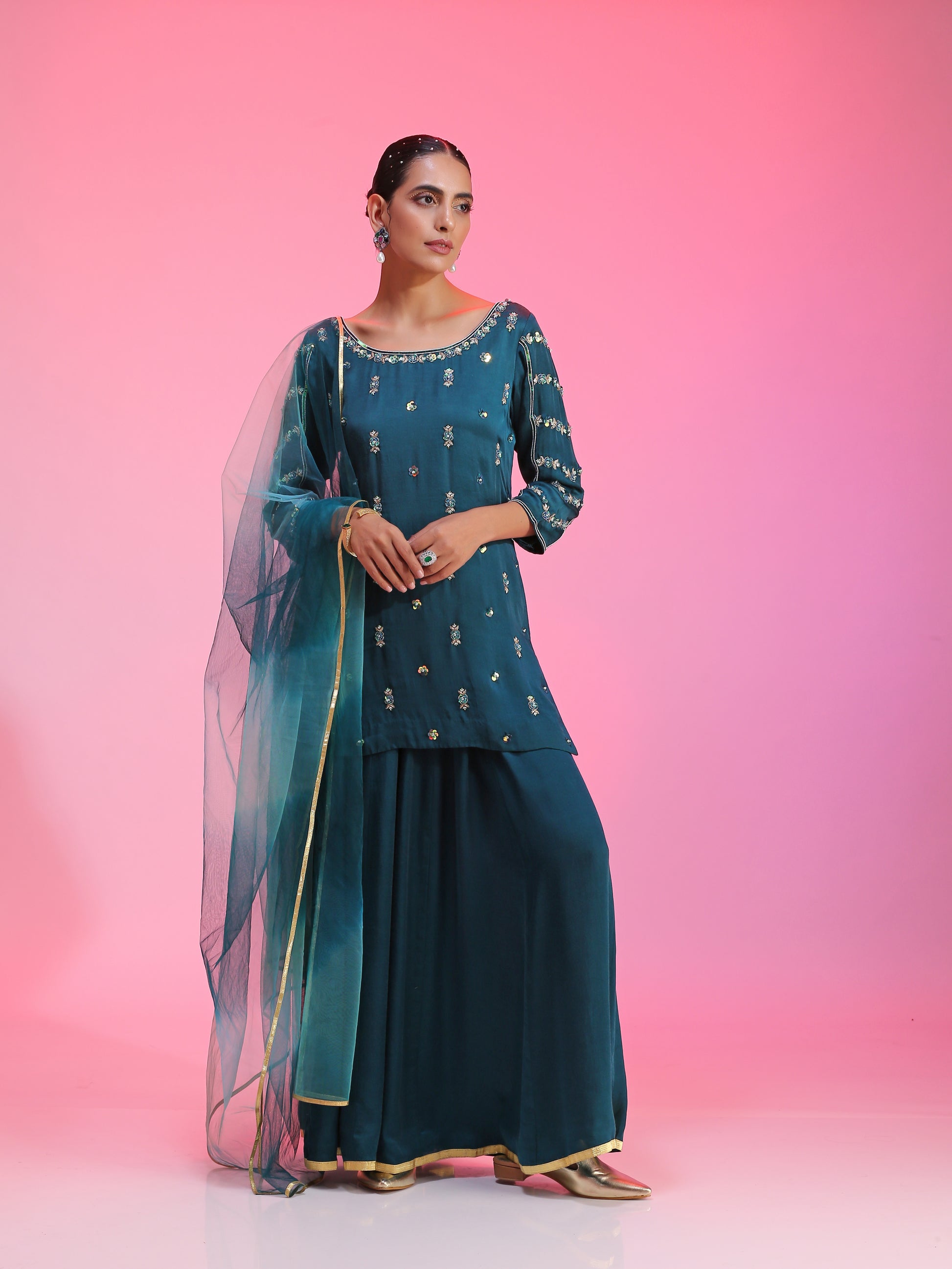 Navy Blue Chanderi Dabka Zari Pitta Kurta Pajama Net Dupatta Set