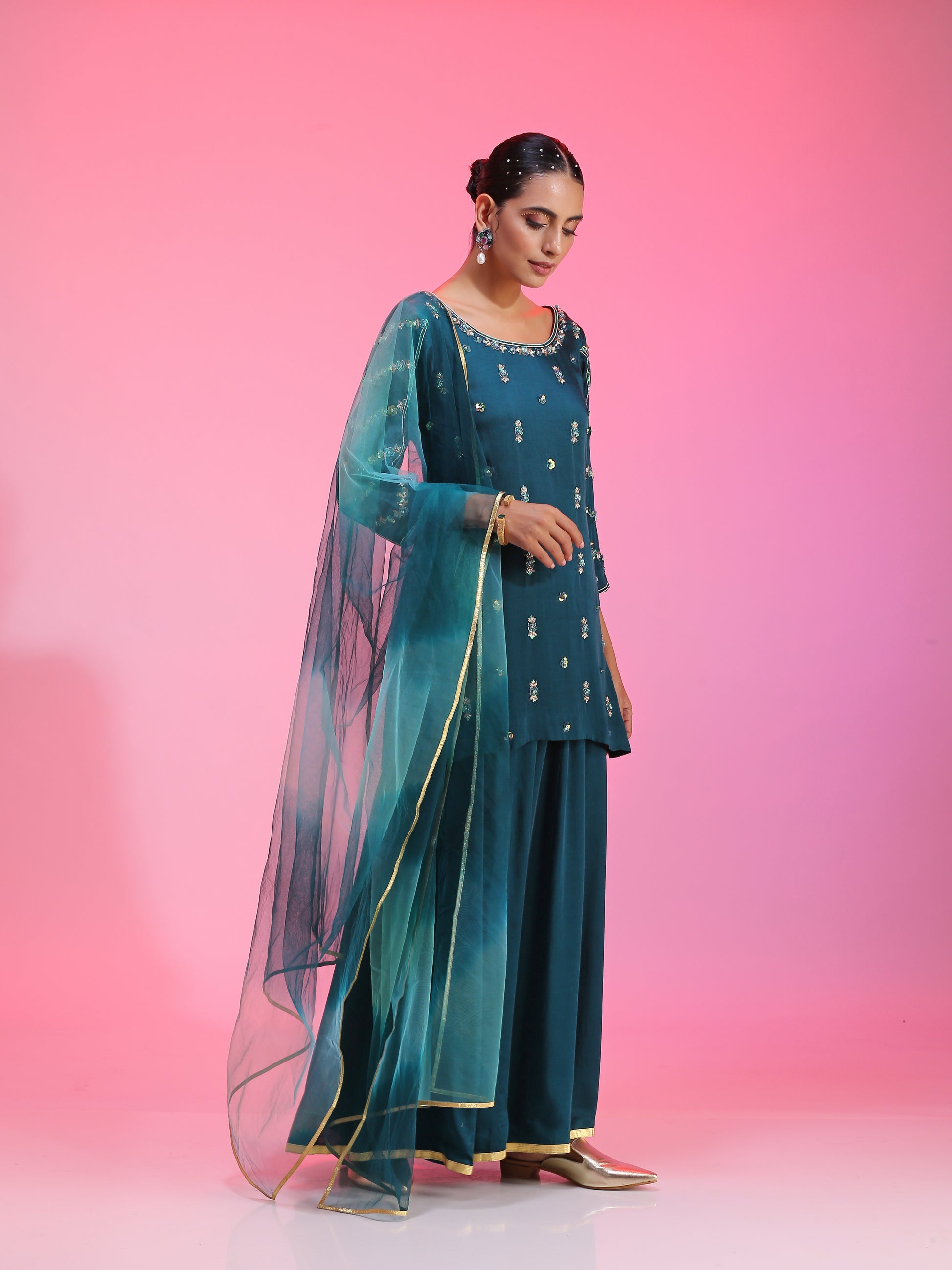 Navy Blue Chanderi Dabka Zari Pitta Kurta Pajama Net Dupatta Set