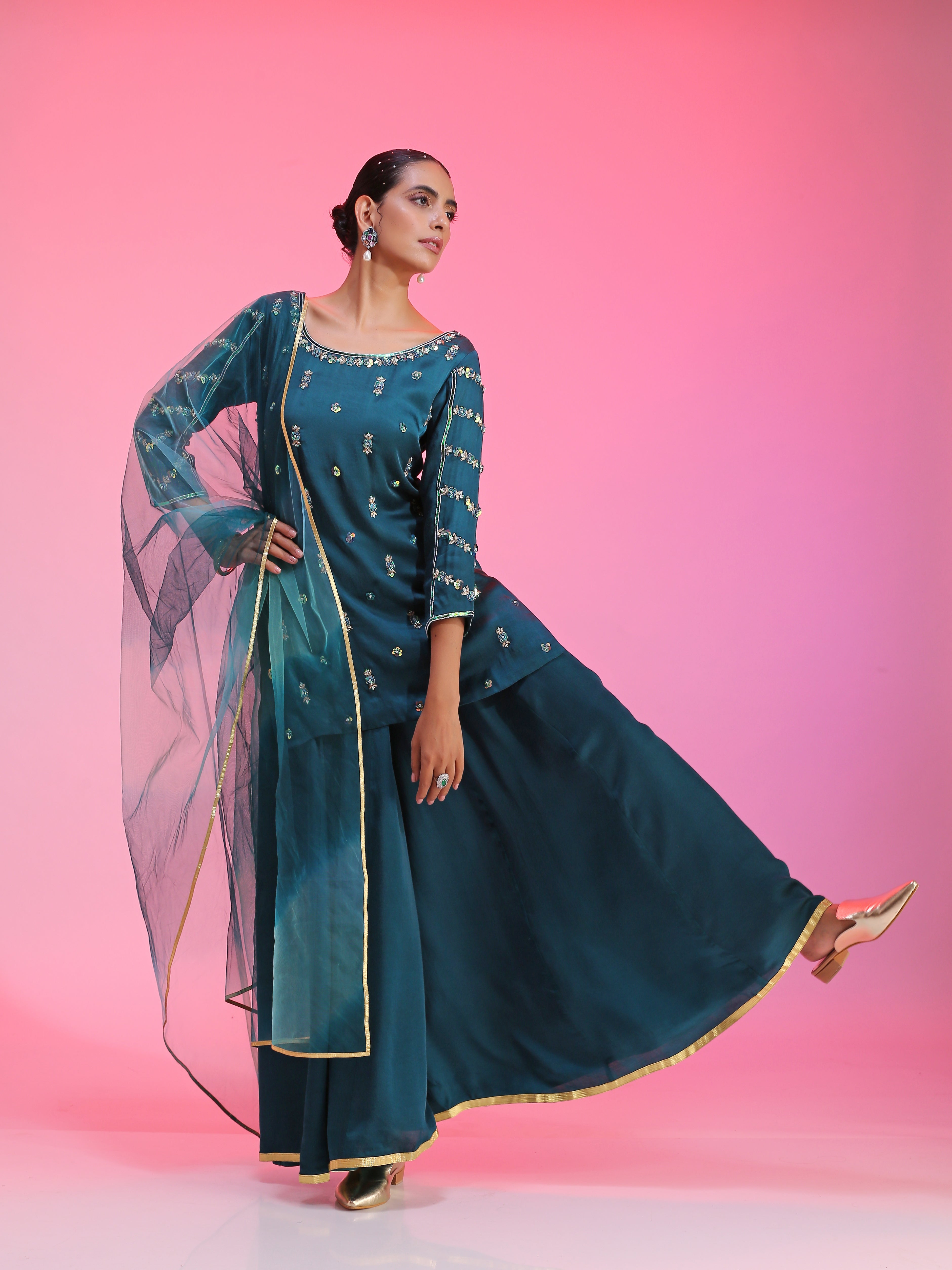 Navy Blue Chanderi Dabka Zari Pitta Kurta Pajama Net Dupatta Set