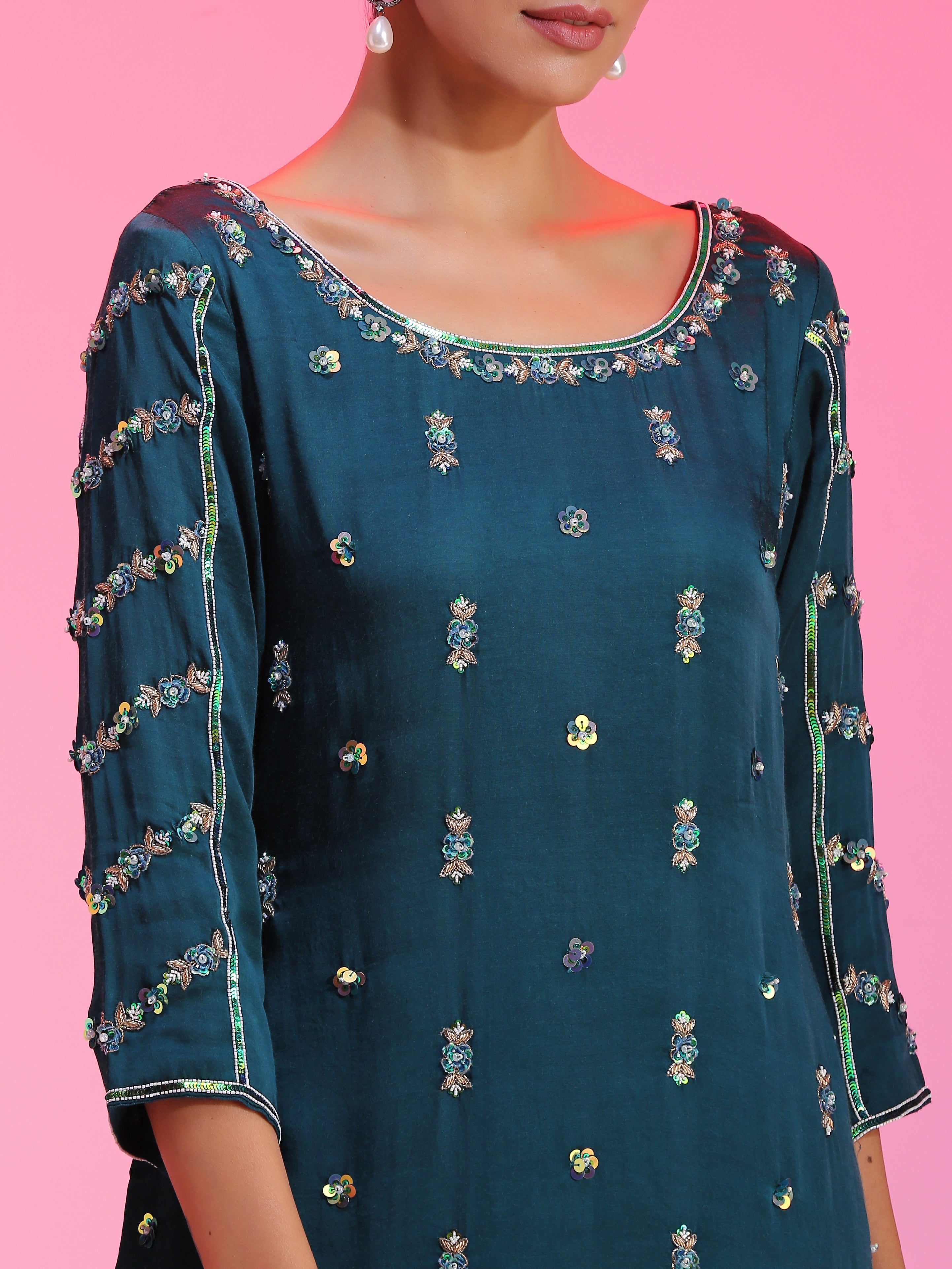 Navy Blue Chanderi Dabka Zari Pitta Kurta Pajama Net Dupatta Set