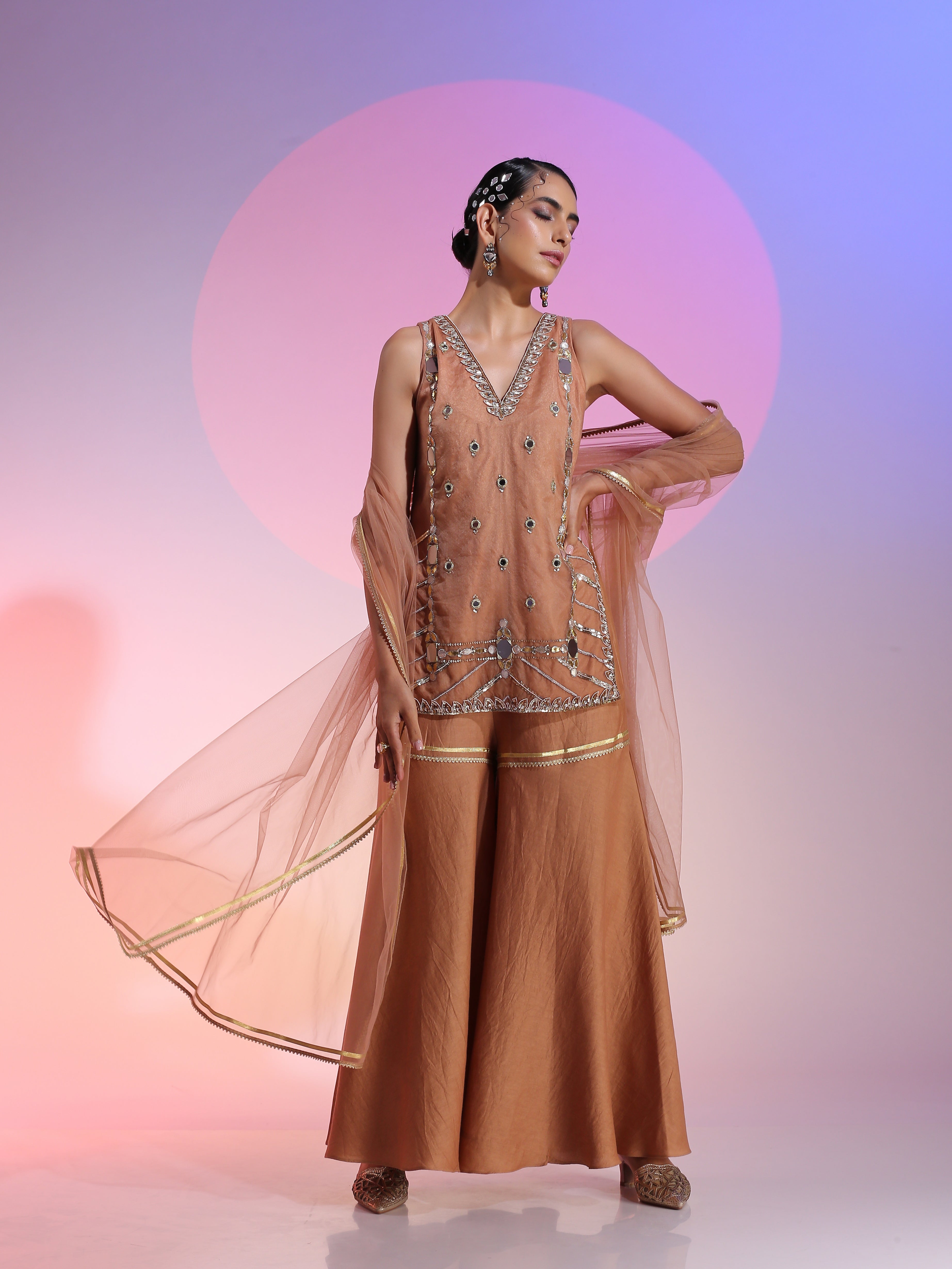 Brown Organza Mirrorwork Kurta Flared Pants Net Dupatta Set