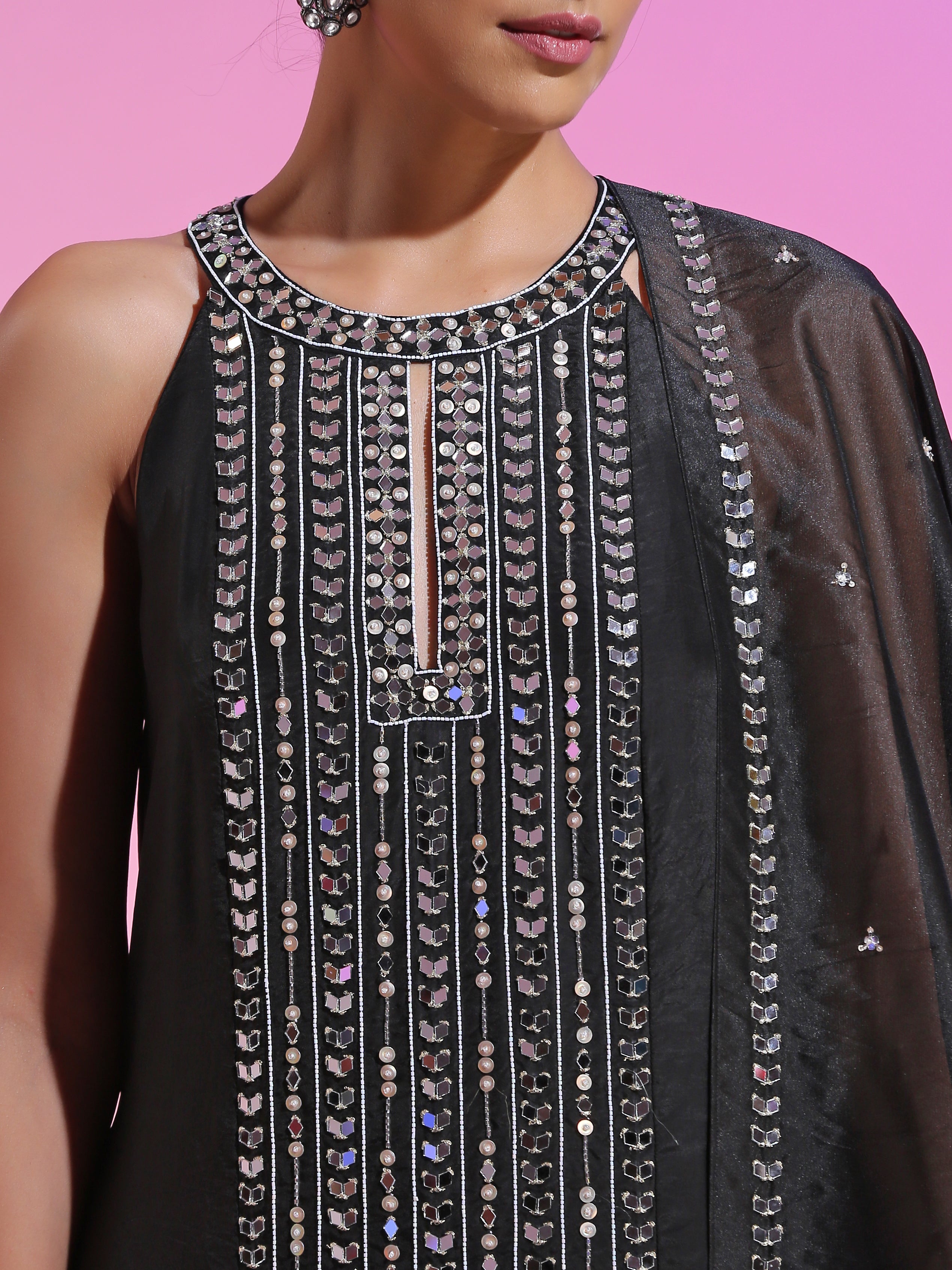 Black Organza Mirrorwork Kurta Embroidered Sharara Dupatta Set