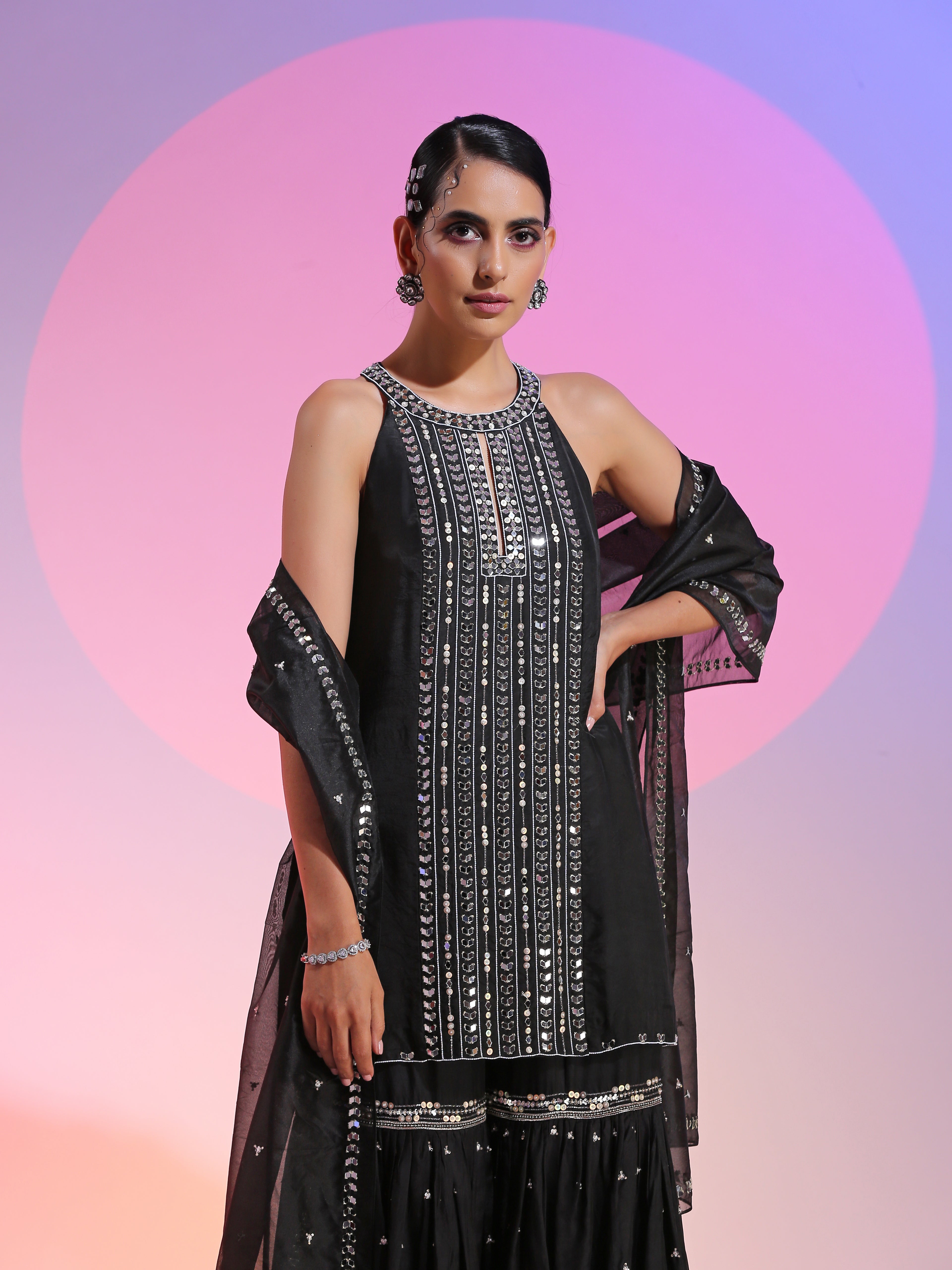 Black Organza Mirrorwork Kurta Embroidered Sharara Dupatta Set