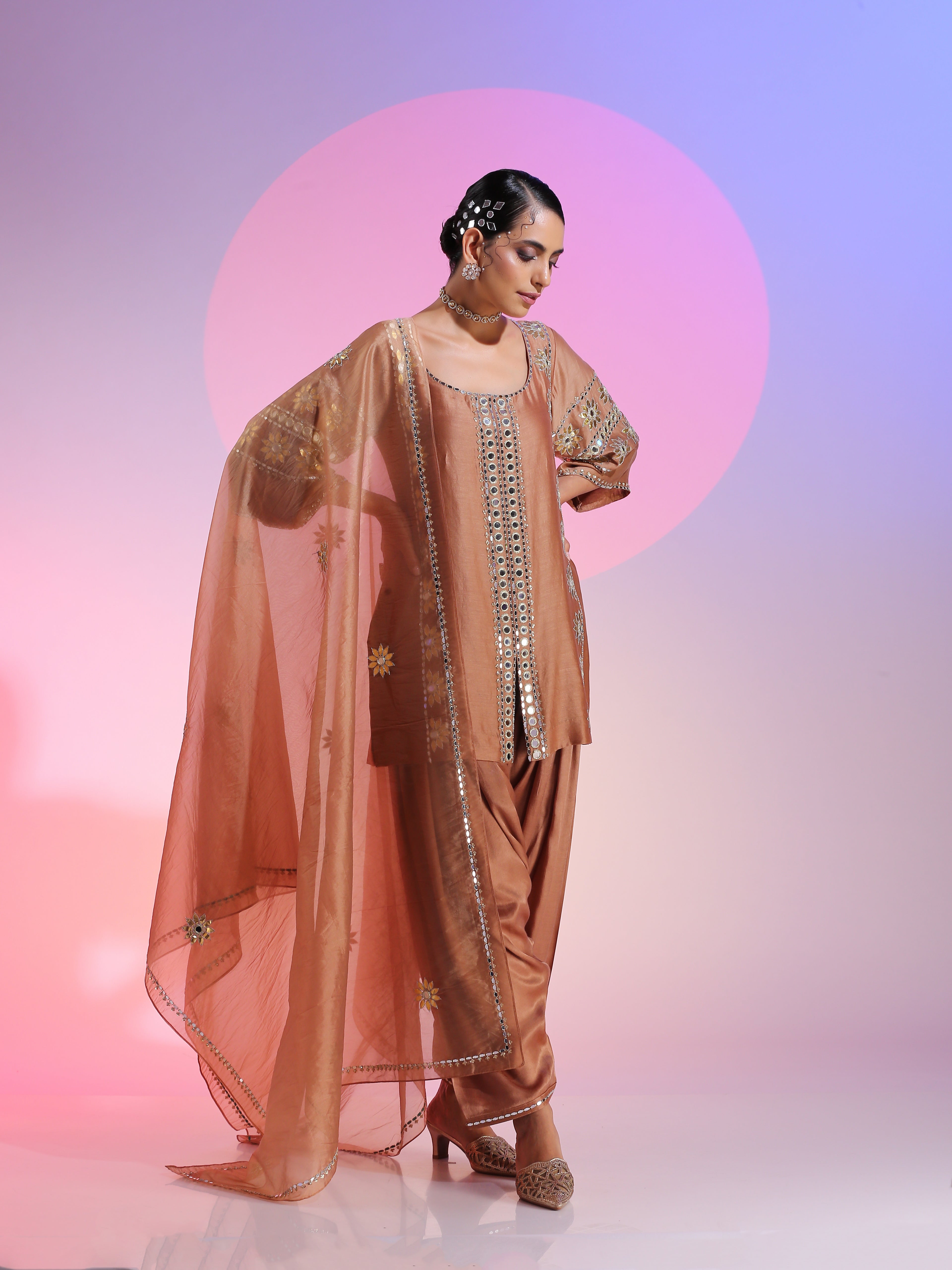 Brown Chanderi Mirror Sequin Gotta Salwar Kurta Dupatta Set