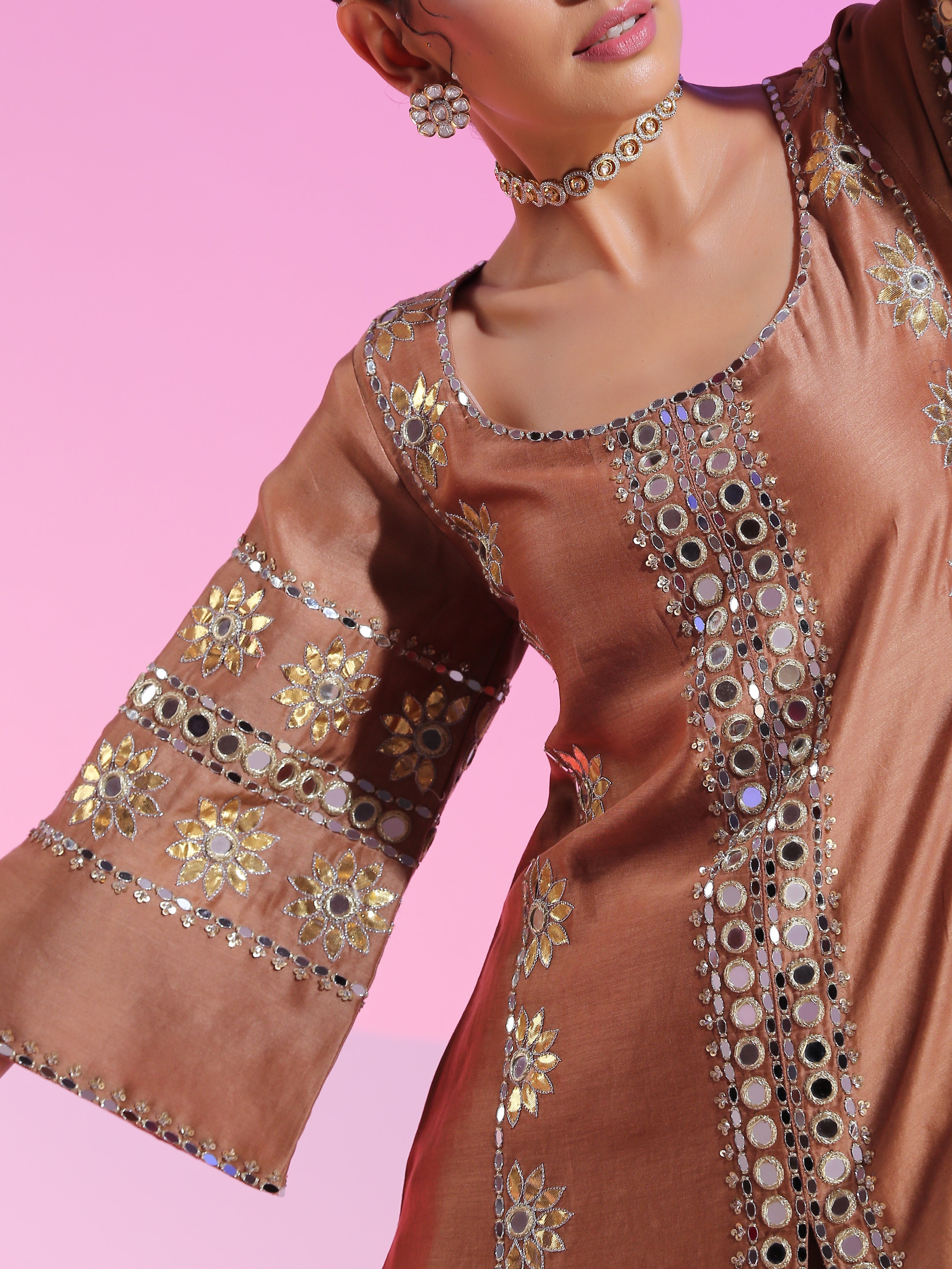 Brown Chanderi Mirror Sequin Gotta Salwar Kurta Dupatta Set