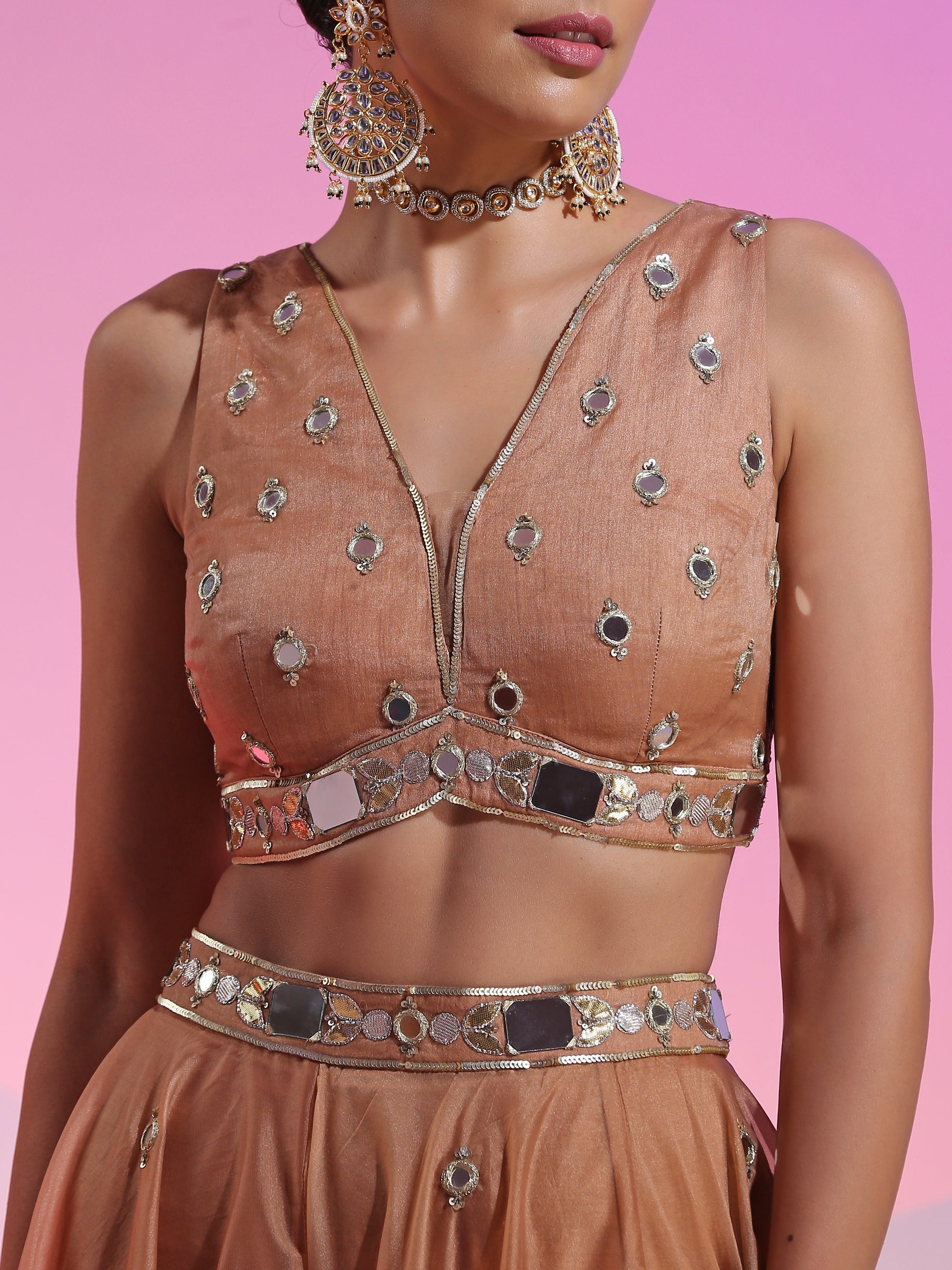 Brown Organza Mirror Sequin Gotta Lehenga Bralette Set