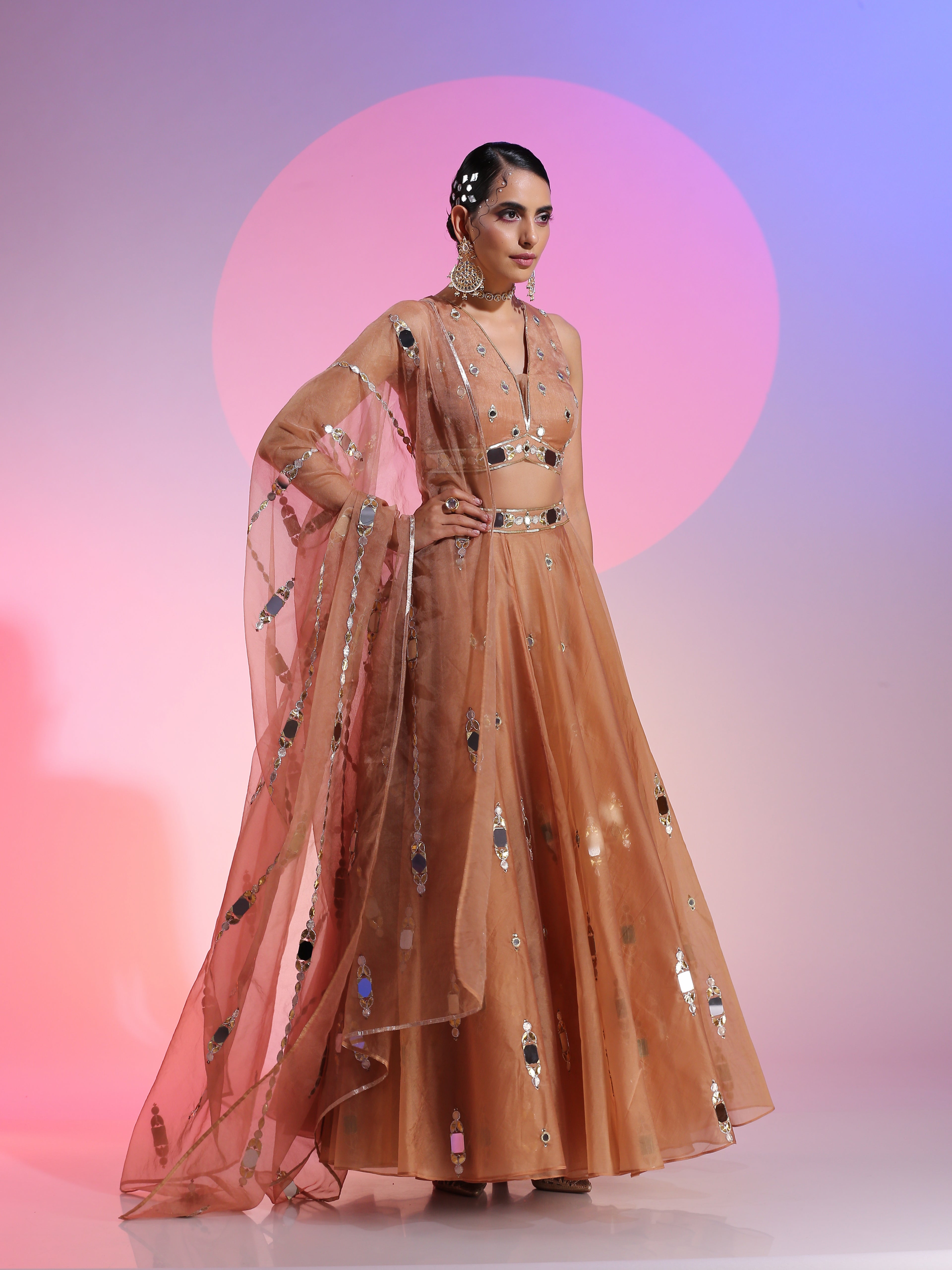 Brown Organza Mirror Sequin Gotta Lehenga Bralette Set