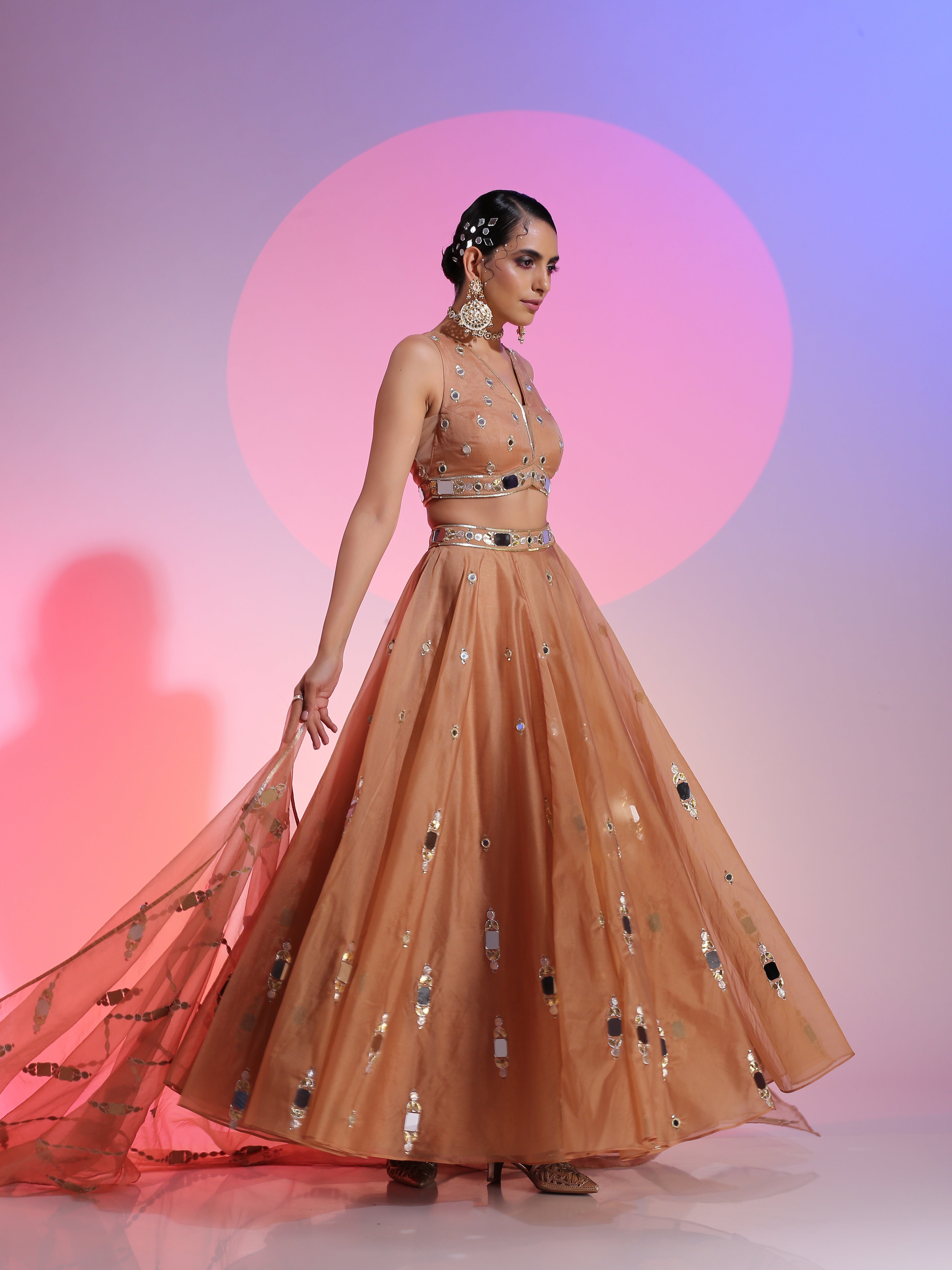 Brown Organza Mirror Sequin Gotta Lehenga Bralette Set