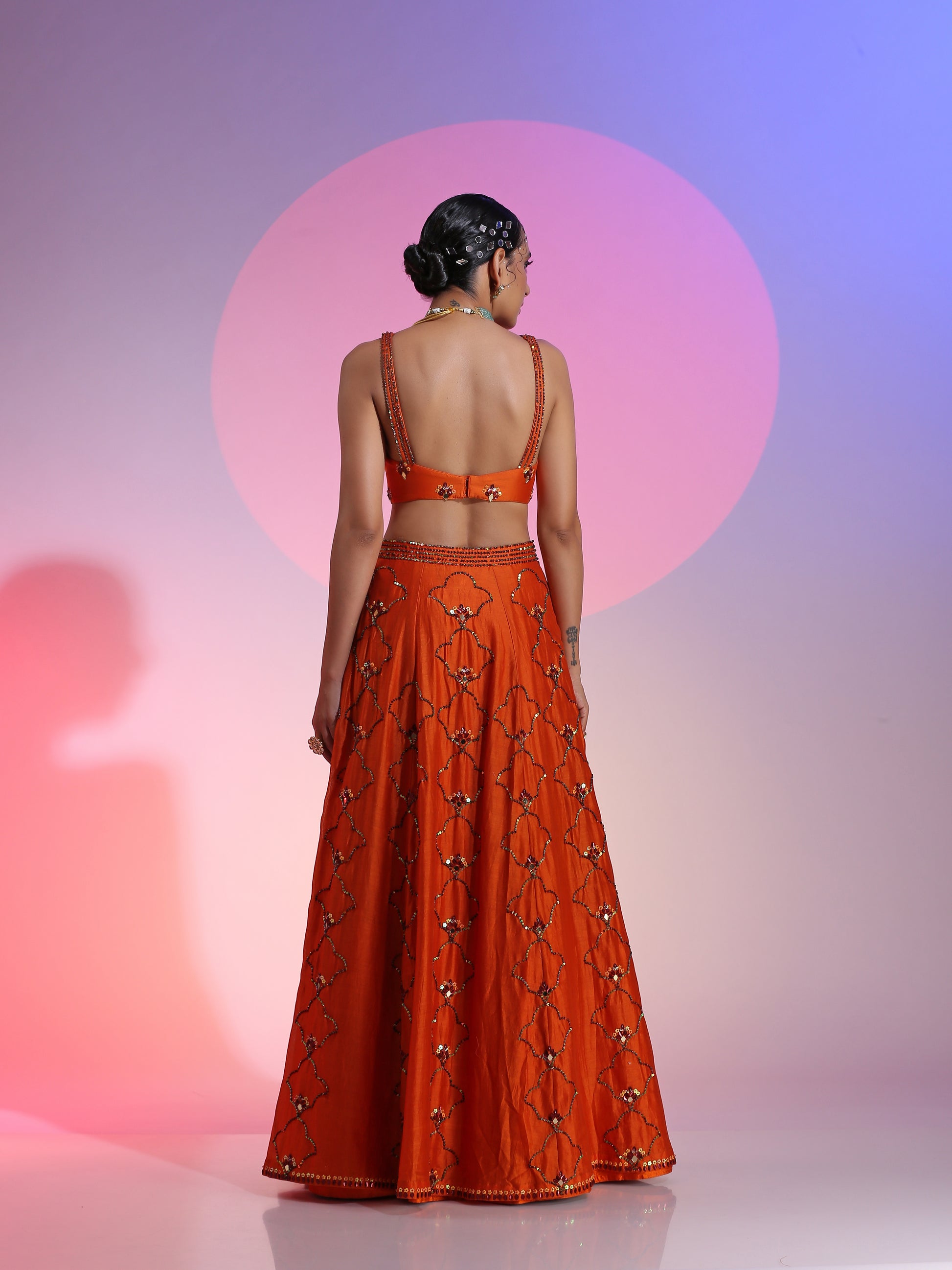 Orange Rust Chanderi Sequin Mirror Lehenga Bralette Dupatta Set