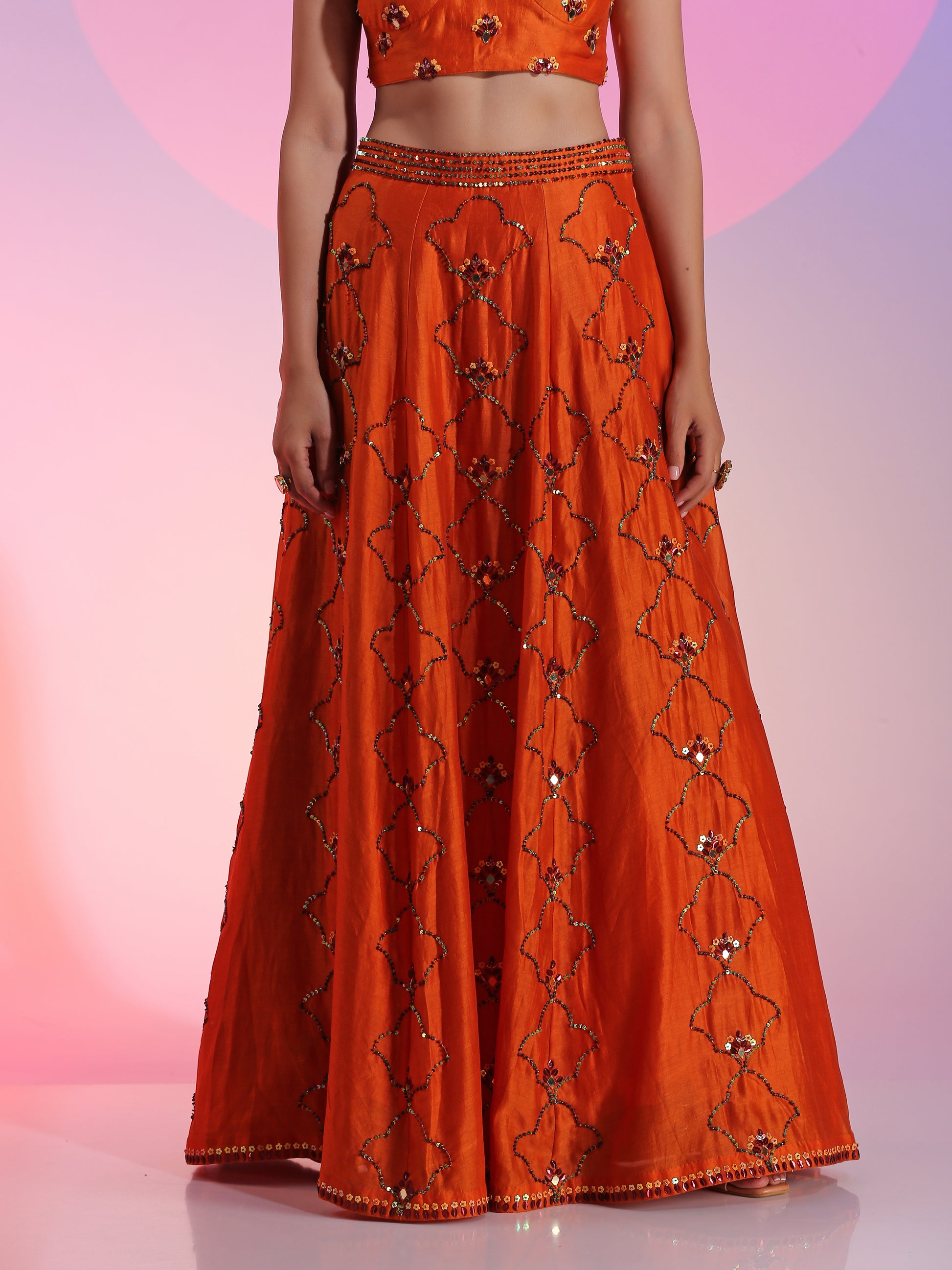 Orange Rust Chanderi Sequin Mirror Lehenga Bralette Dupatta Set