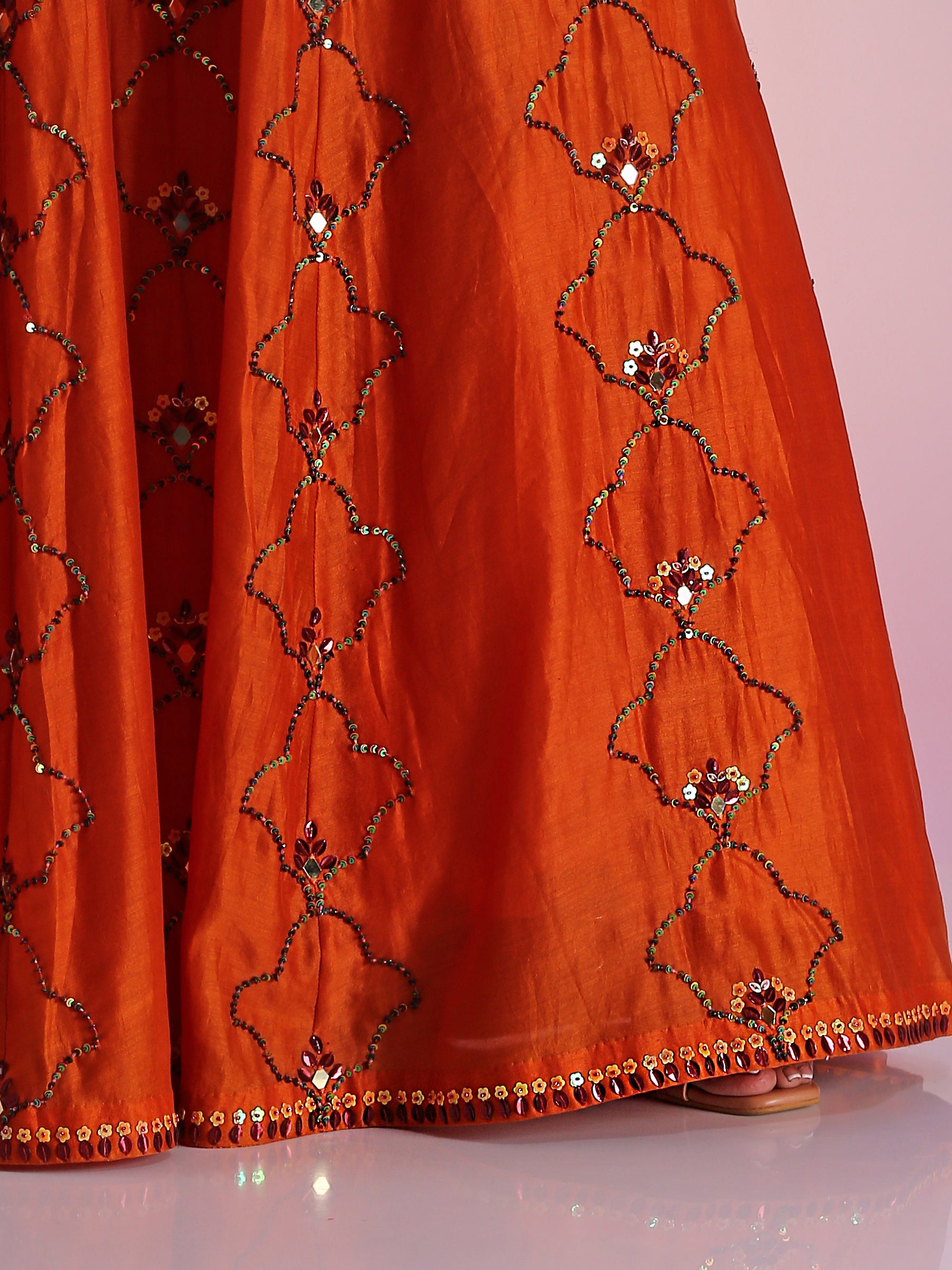 Orange Rust Chanderi Sequin Mirror Lehenga Bralette Dupatta Set