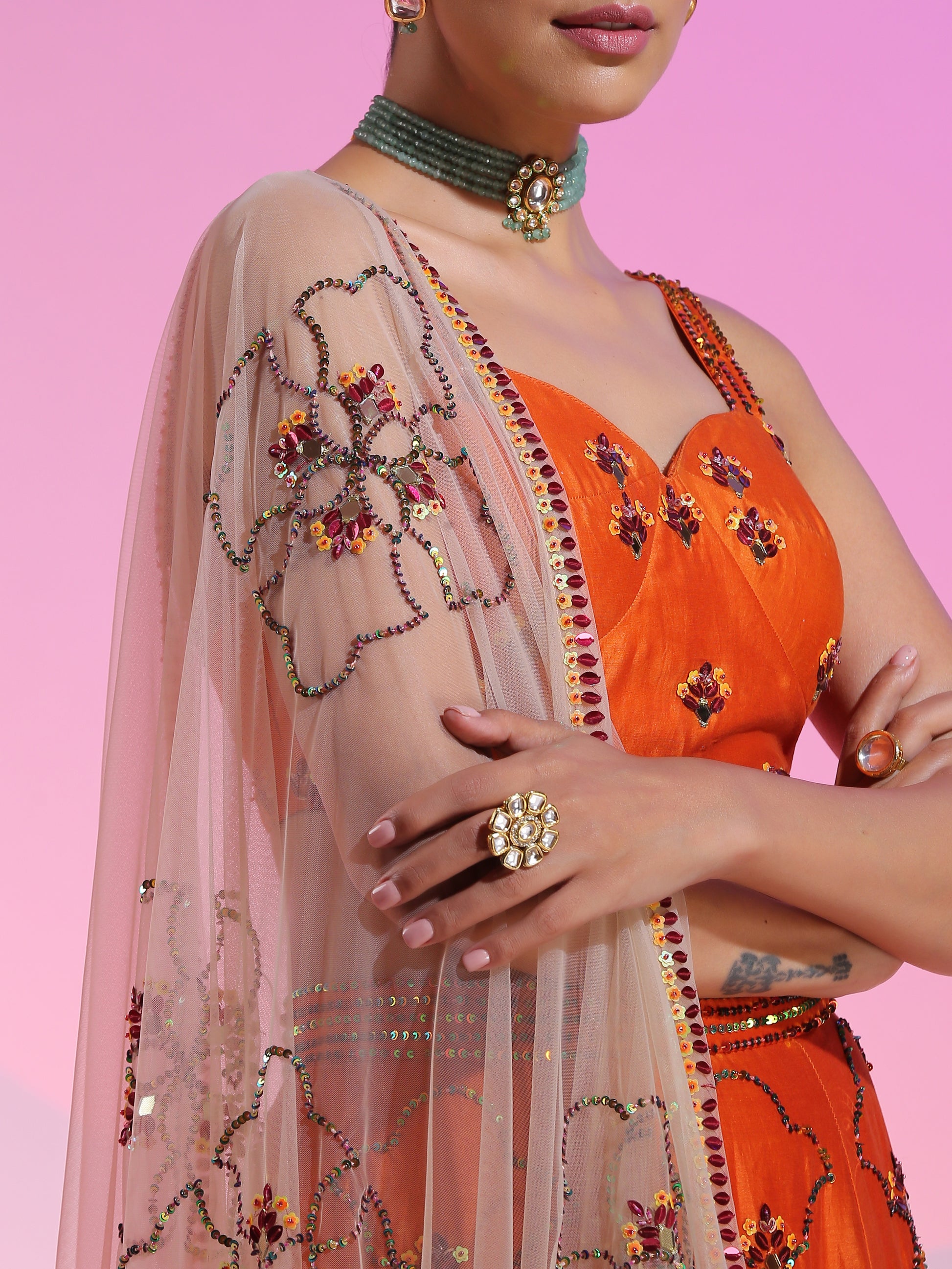 Orange Rust Chanderi Sequin Mirror Lehenga Bralette Dupatta Set
