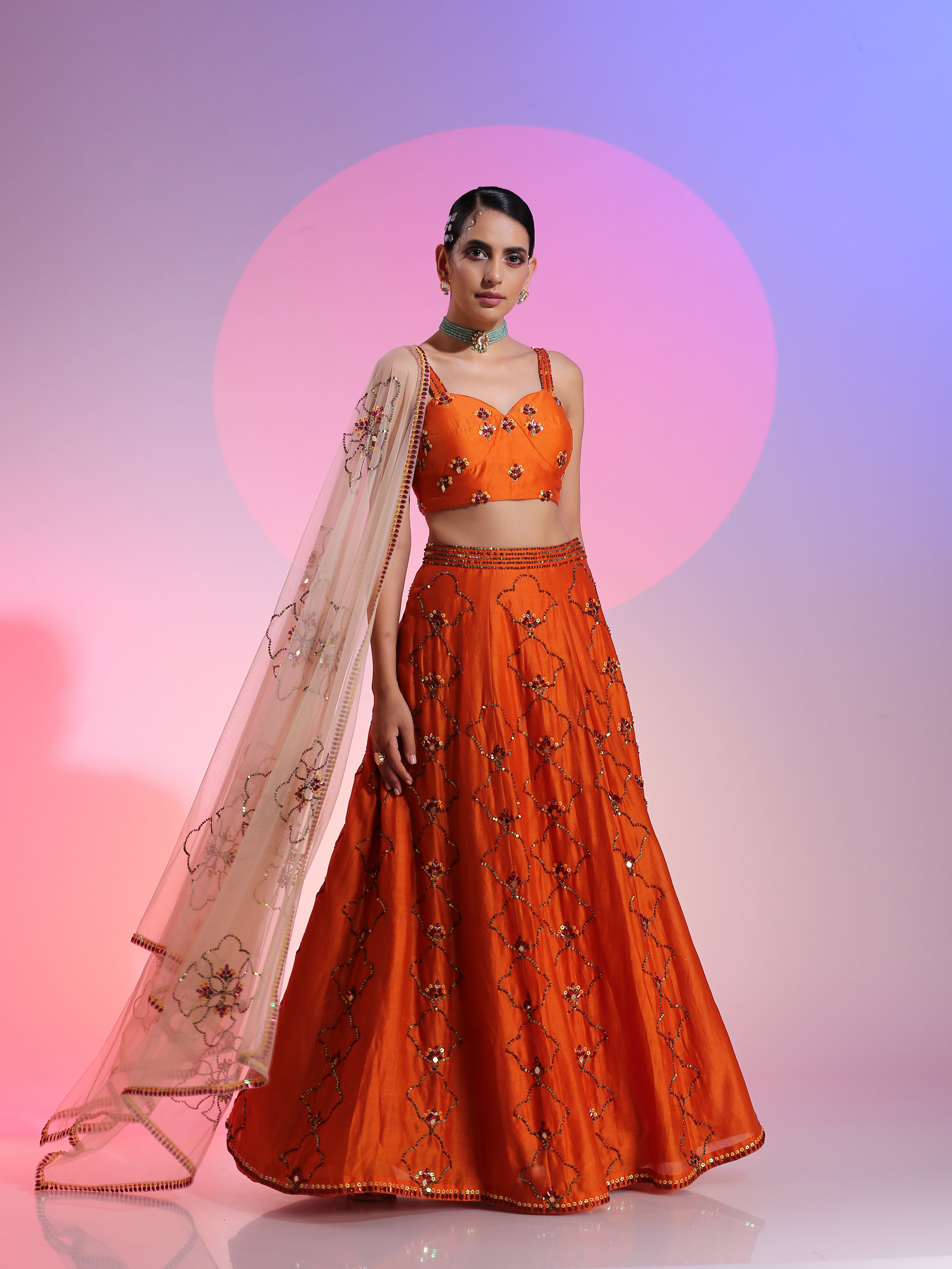 Orange Rust Chanderi Sequin Mirror Lehenga Bralette Dupatta Set