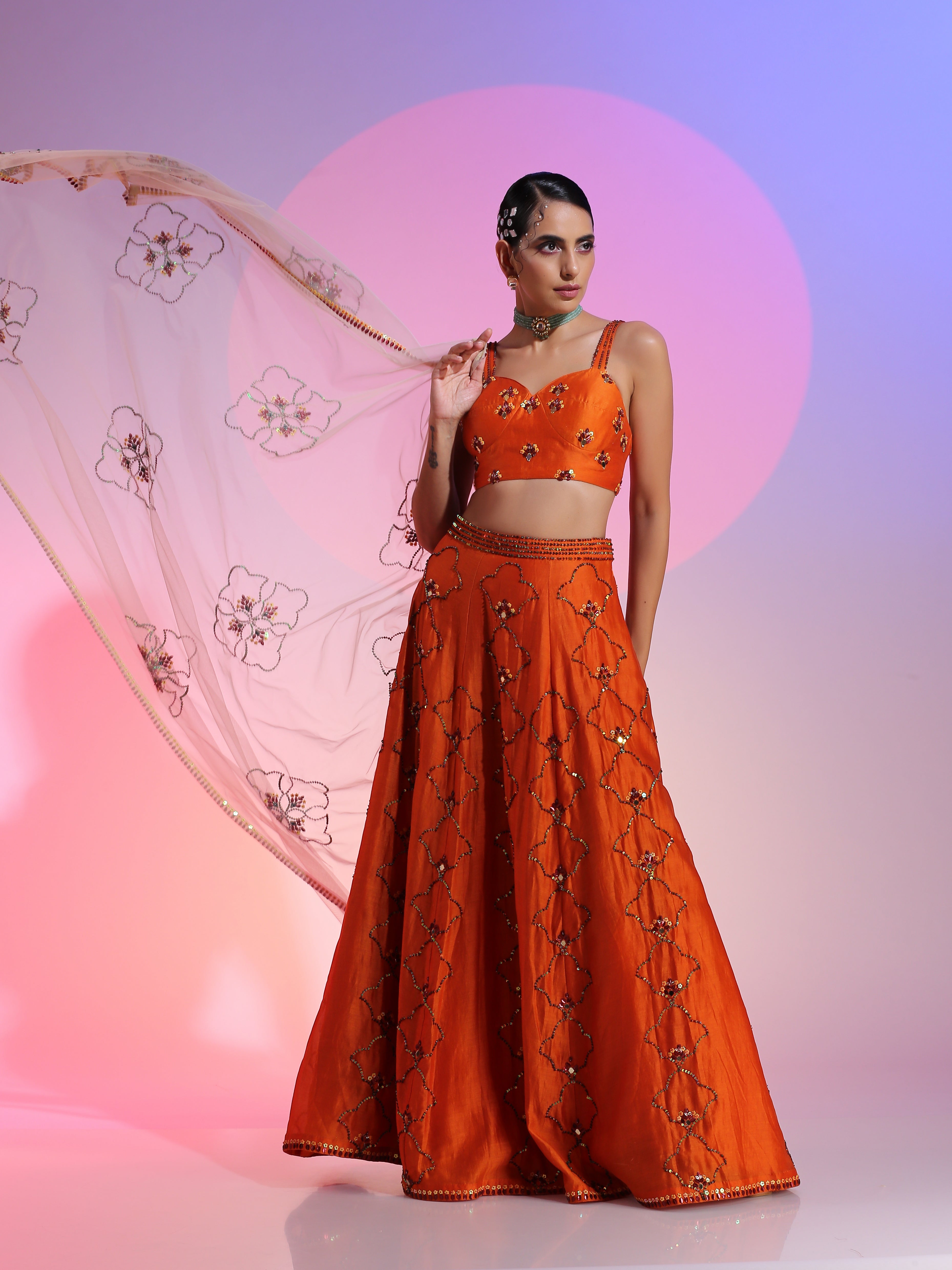 Orange Rust Chanderi Sequin Mirror Lehenga Bralette Dupatta Set