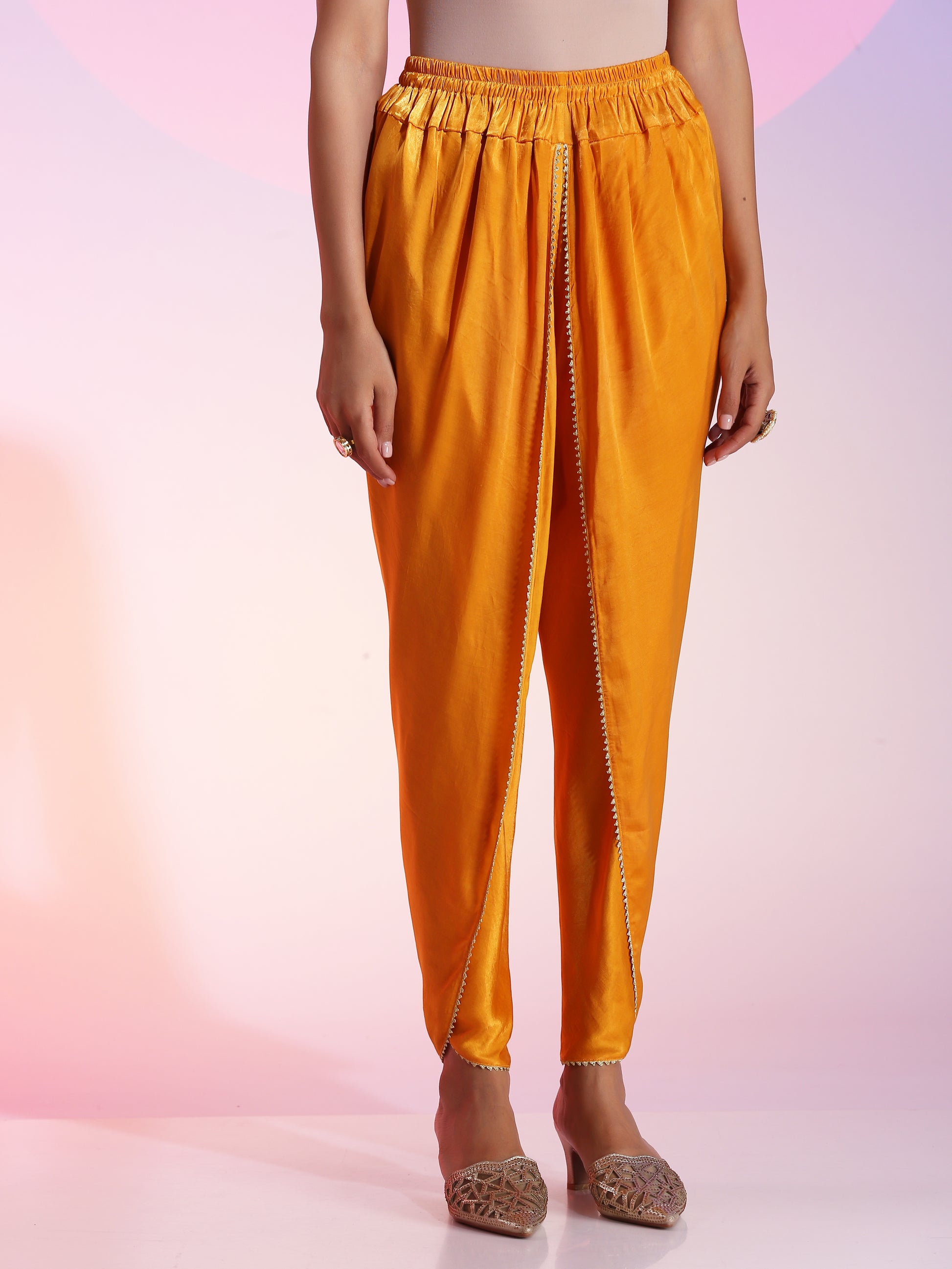 Yellow Orange Mirrorwork Kurta Gotta Petal Pants Organza Dupatta