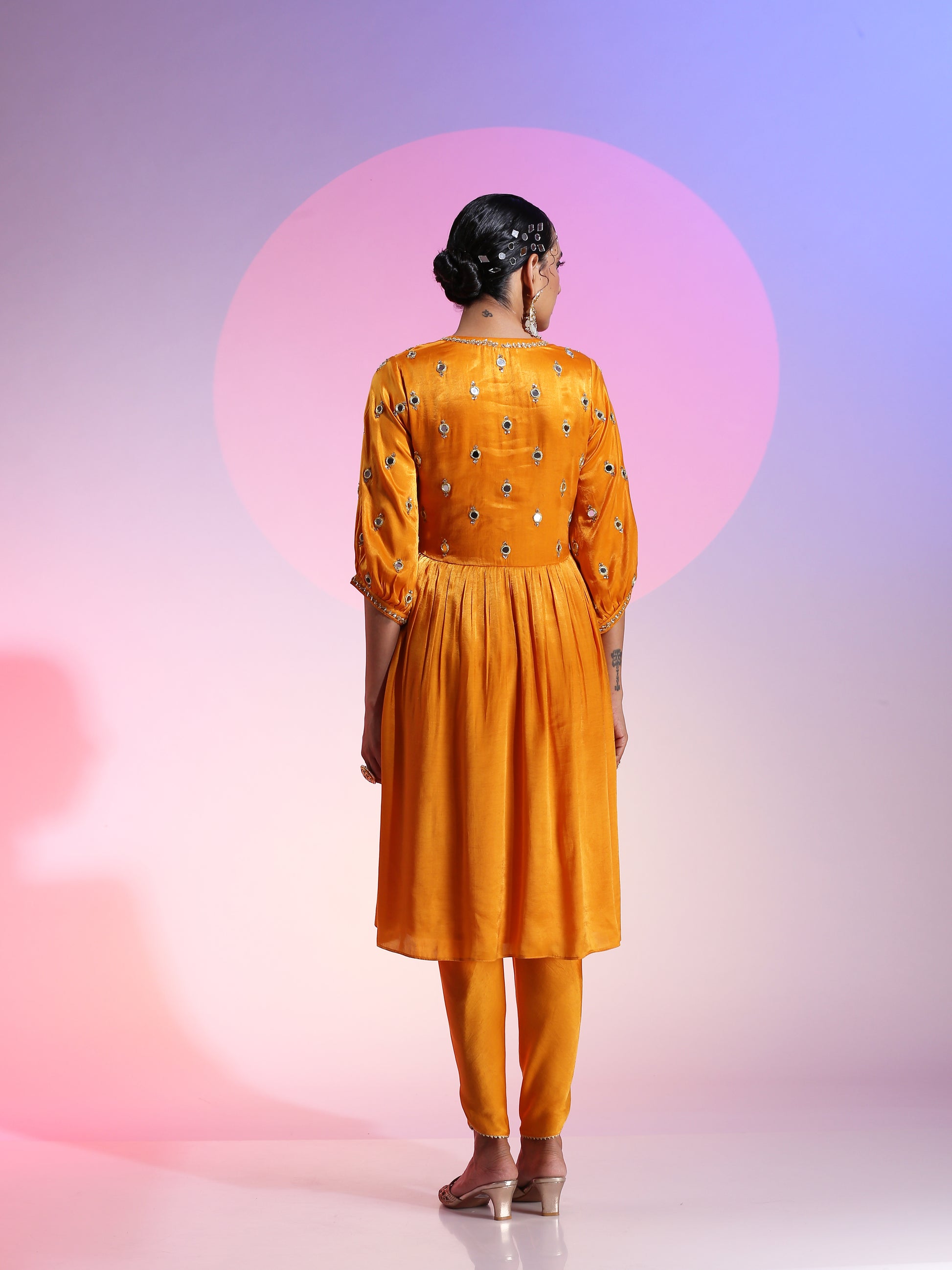 Yellow Orange Mirrorwork Kurta Gotta Petal Pants Organza Dupatta