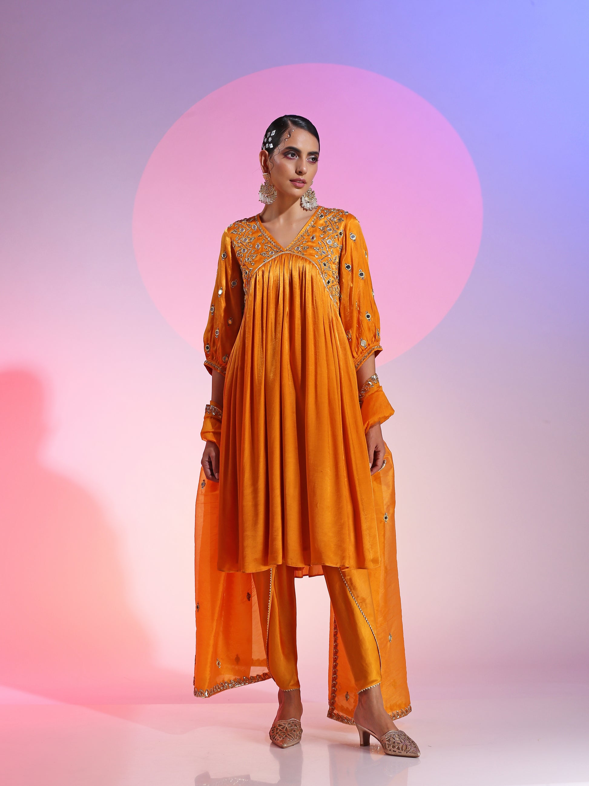 Yellow Orange Mirrorwork Kurta Gotta Petal Pants Organza Dupatta