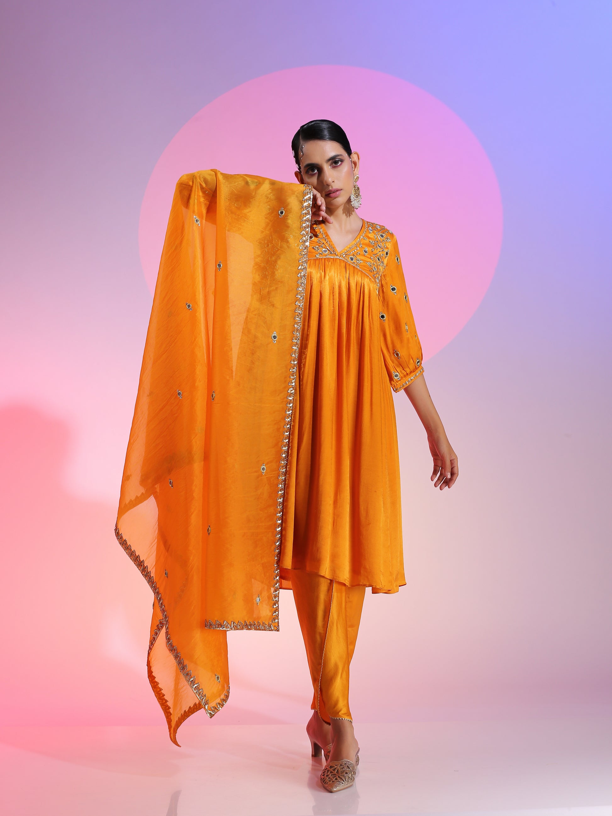 Yellow Orange Mirrorwork Kurta Gotta Petal Pants Organza Dupatta