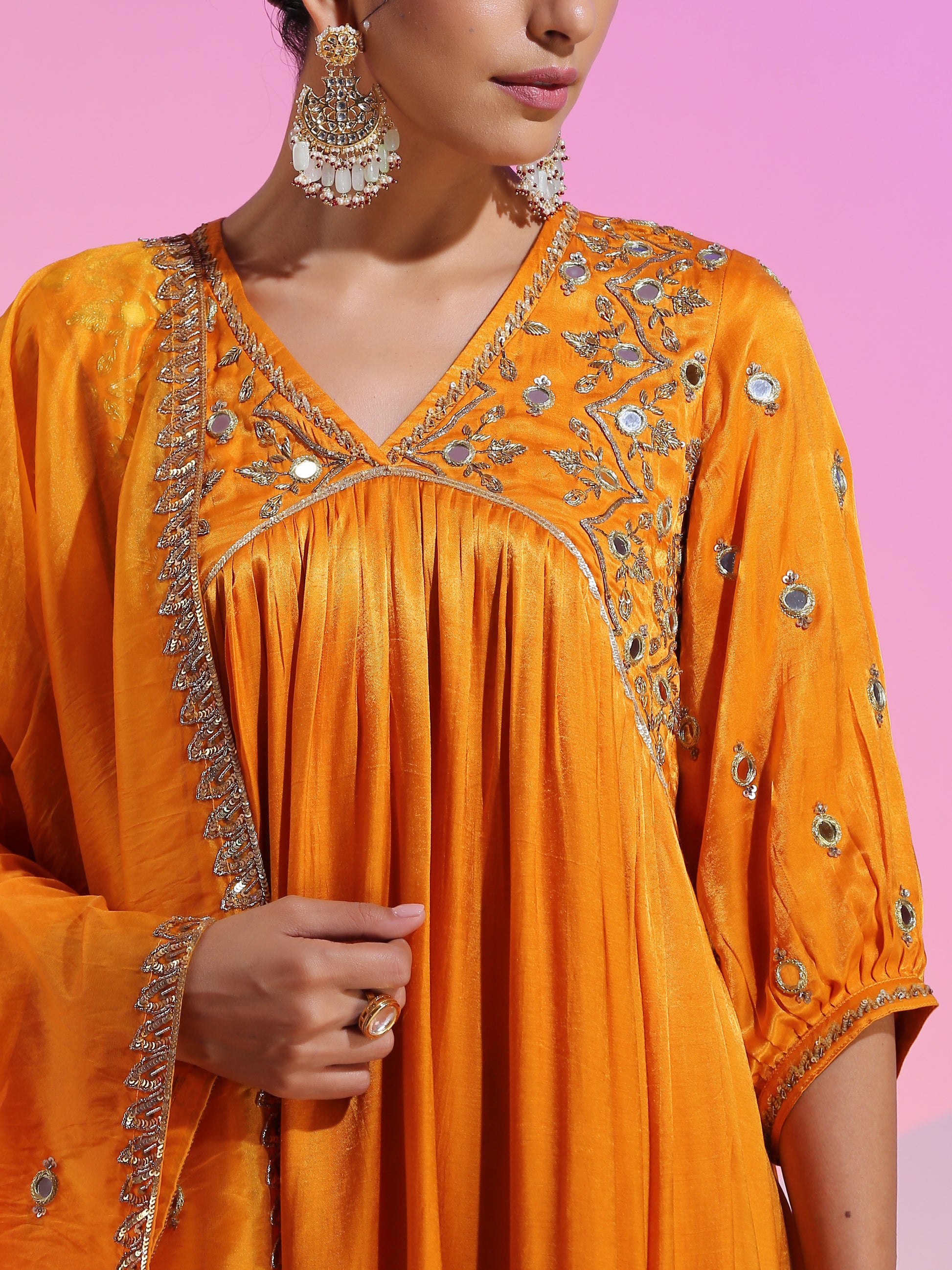 Yellow Orange Mirrorwork Kurta Gotta Petal Pants Organza Dupatta
