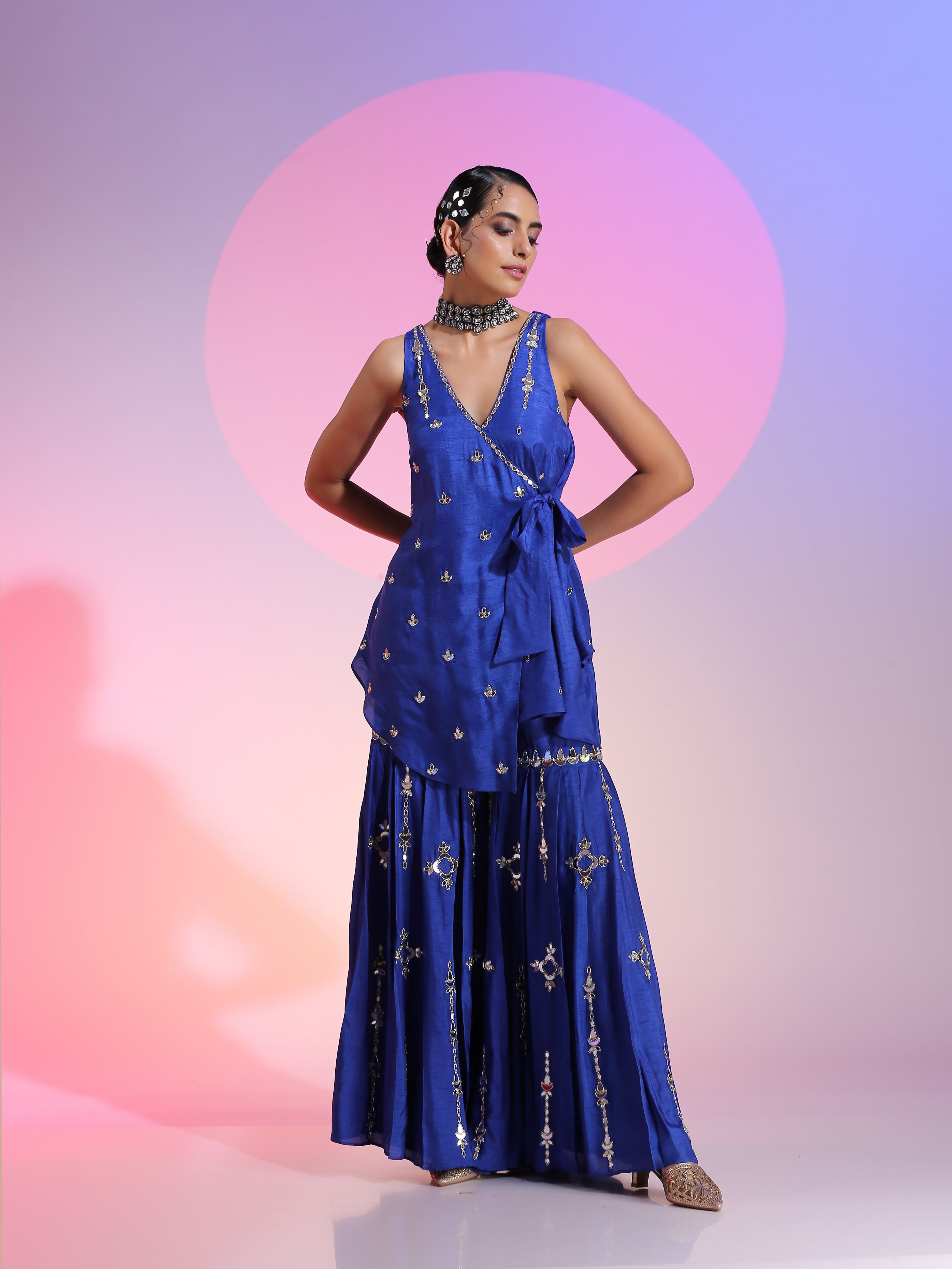 Blue Asymmetric Mirrorwork Knot Top Pleated Sharara Set